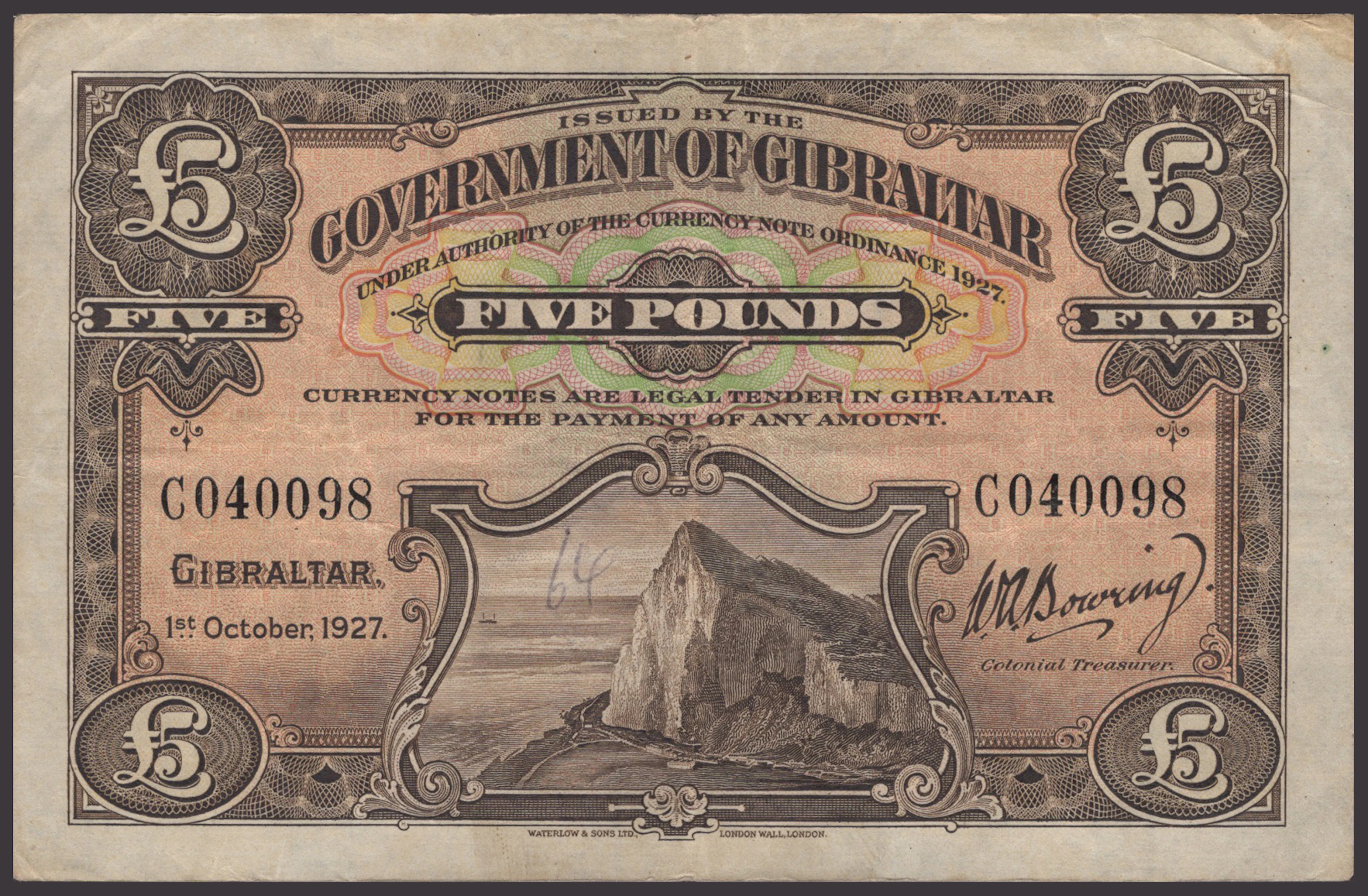 Government of Gibraltar, £5, 1 October 1927, serial number C040098
