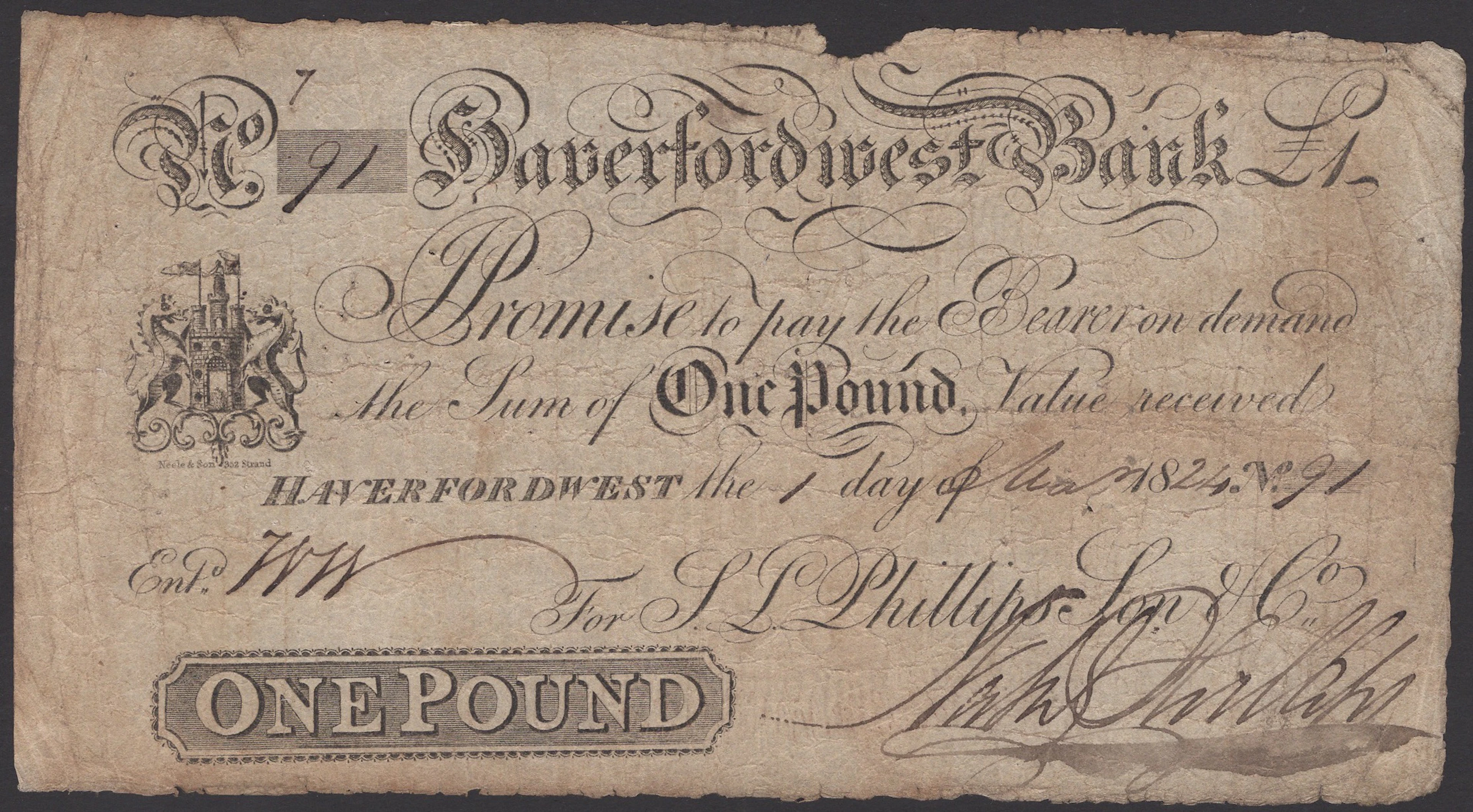 Haverfordwest Bank, for S.L Phillips, Son & Co, £1, 1 August 1824