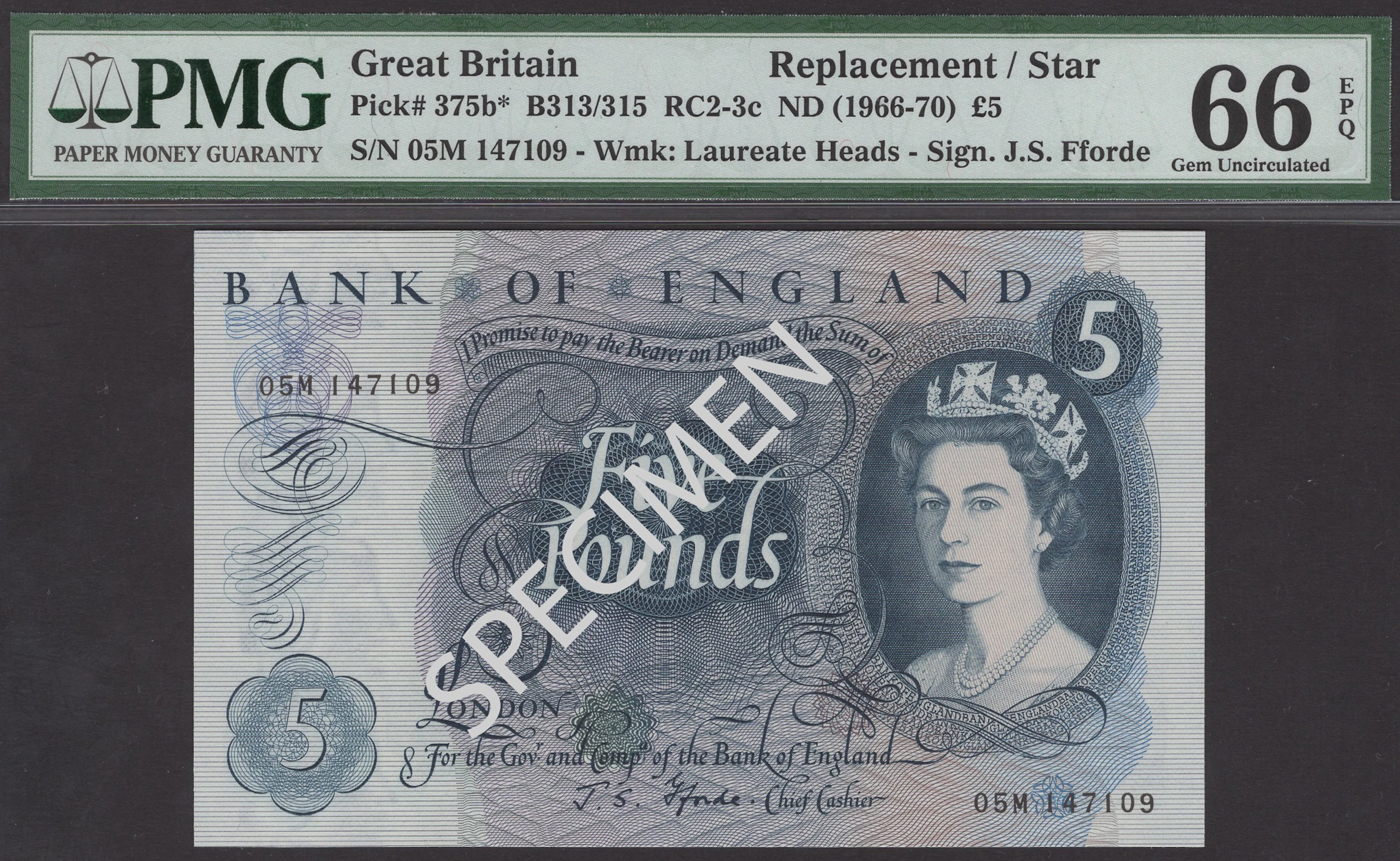 Bank of England, John S. Fforde, replacement £5, 9 January 1967, serial