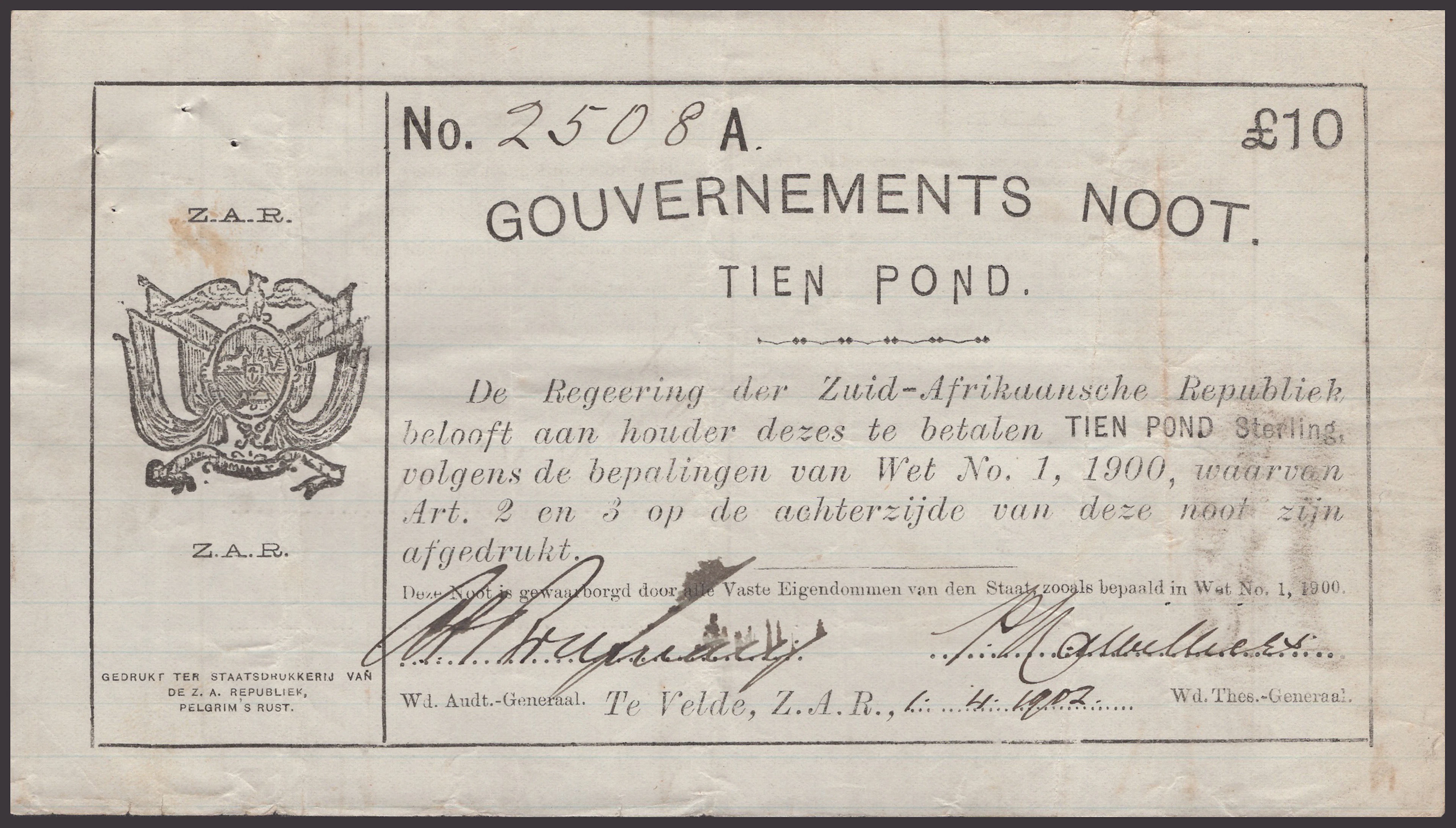 ERROR: Gouvernements Noots, £10, Te Velde, 1 April 1902, serial number