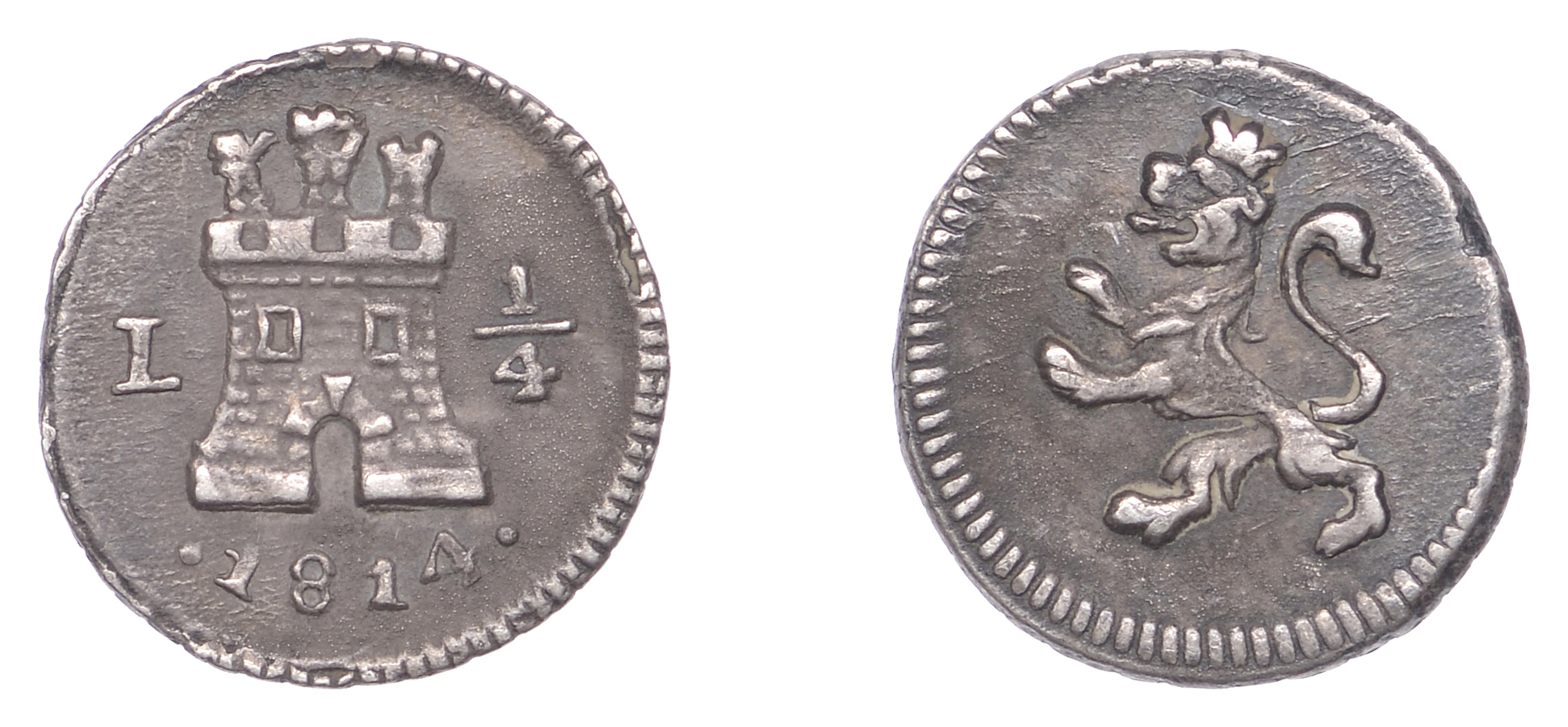 Peru, Ferdinand VII, 1/4 Real, 1814-L, 0.77g/12h (KM 108; S Cal. 265).