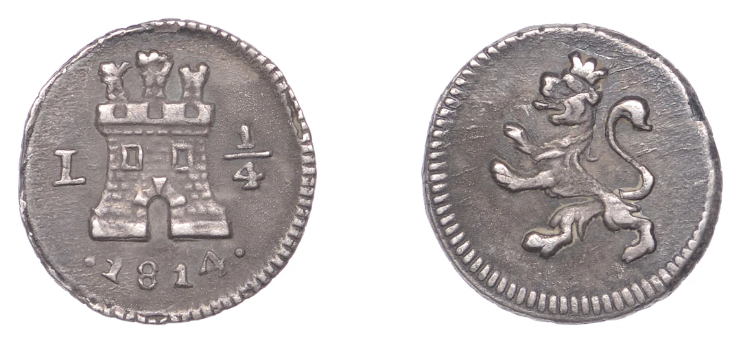 Peru, Ferdinand VII, 1/4 Real, 1814-L, 0.77g/12h (KM 108; S Cal. 265).