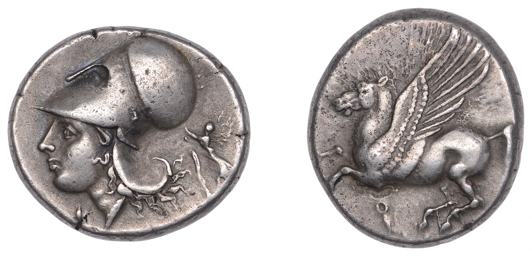 Corinthia, Corinth, Stater, c. 375-300, Pegasus flying left, q below