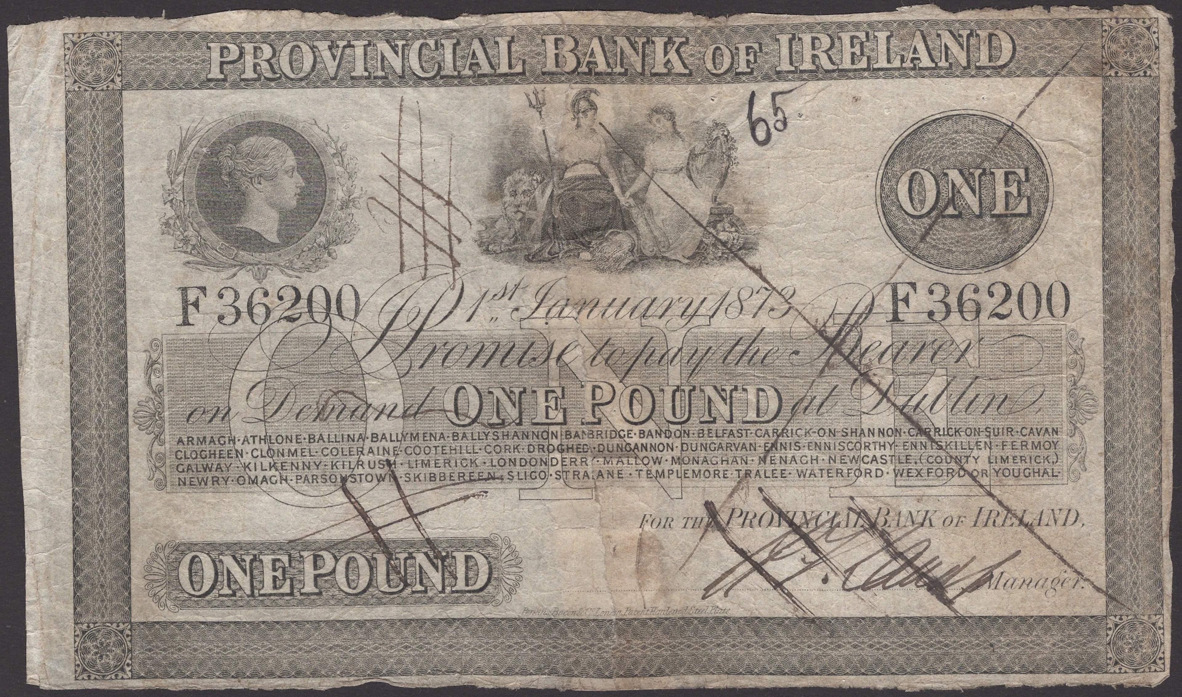 Provincial Bank of Ireland, £1, 1 January 1873, serial number F36200