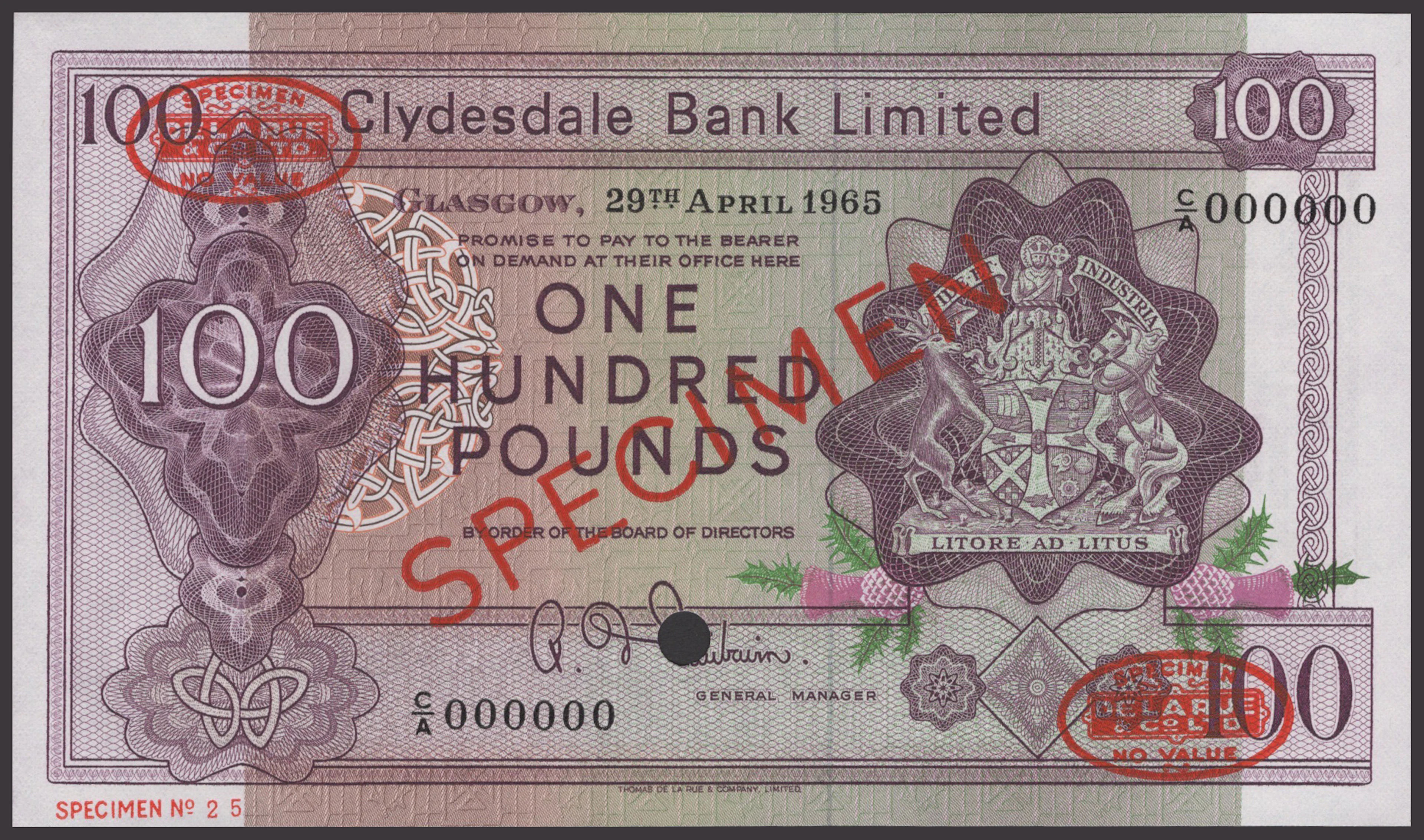Clydesdale Bank Limited, specimen £100, 29 April 1965, serial number