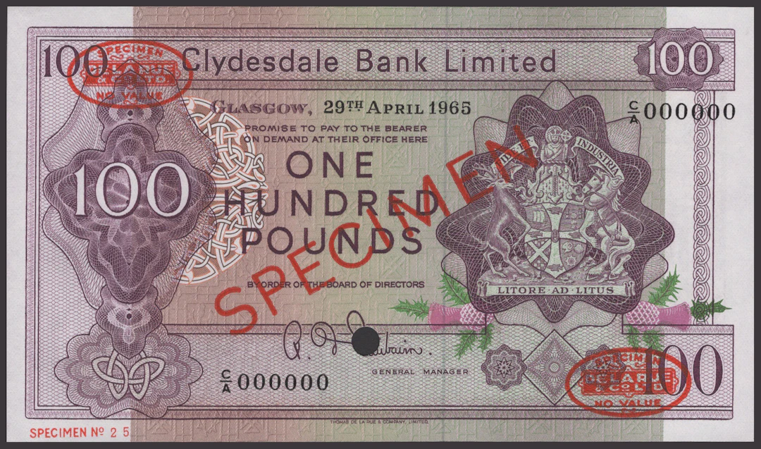 Clydesdale Bank Limited, specimen £100, 29 April 1965, serial number