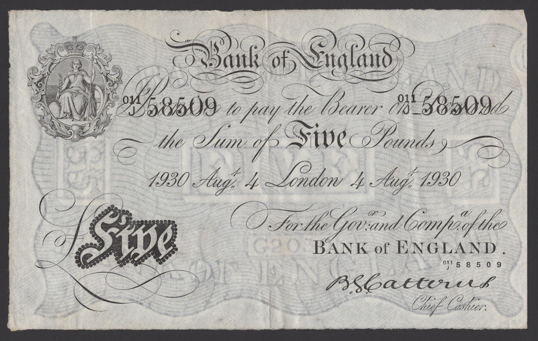 Bank of England, Basil G. Catterns, £5, London, 4 August 1930 serial