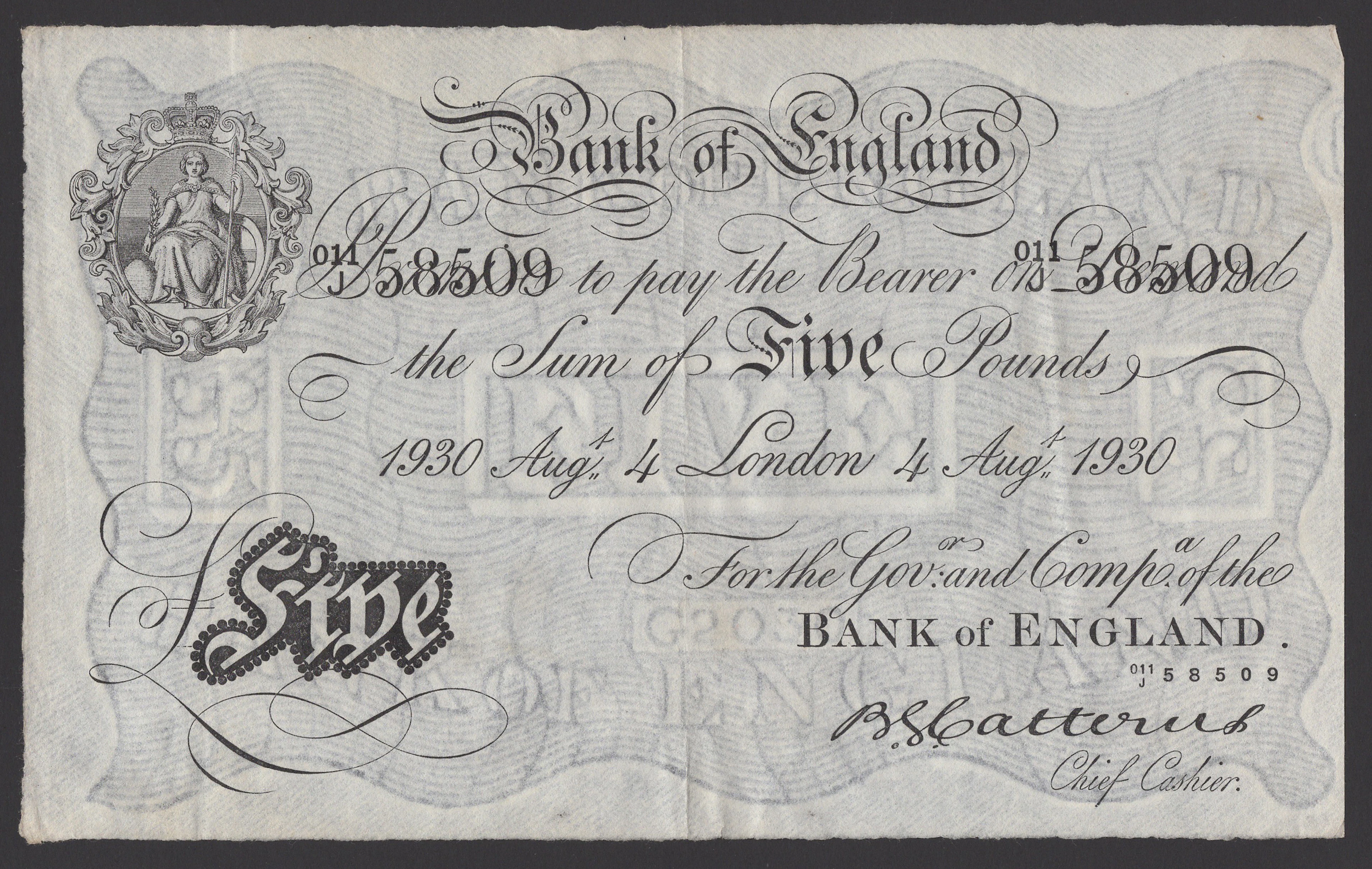 Bank of England, Basil G. Catterns, £5, London, 4 August 1930 serial