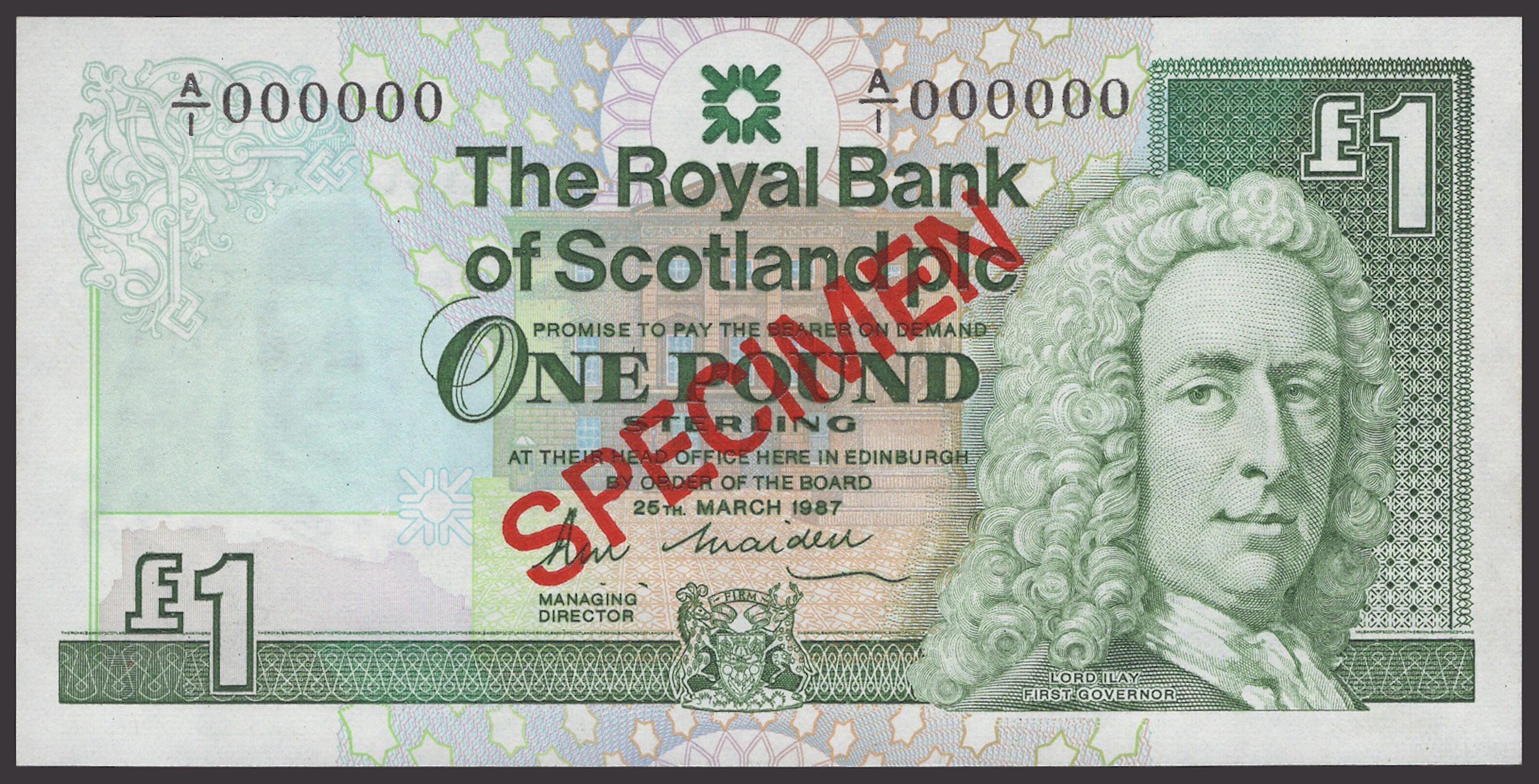 Royal Bank of Scotland PLC, specimen £1, 25 March 1987, serial number