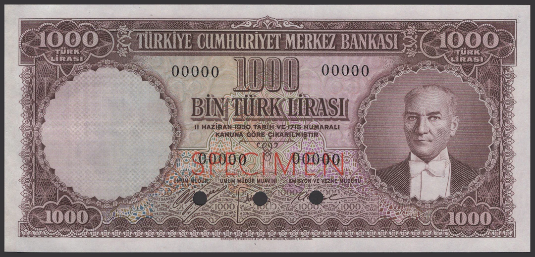 Central Bank of Turkey, colour trial 1000 Turk Lirasi, 1930 (1953)