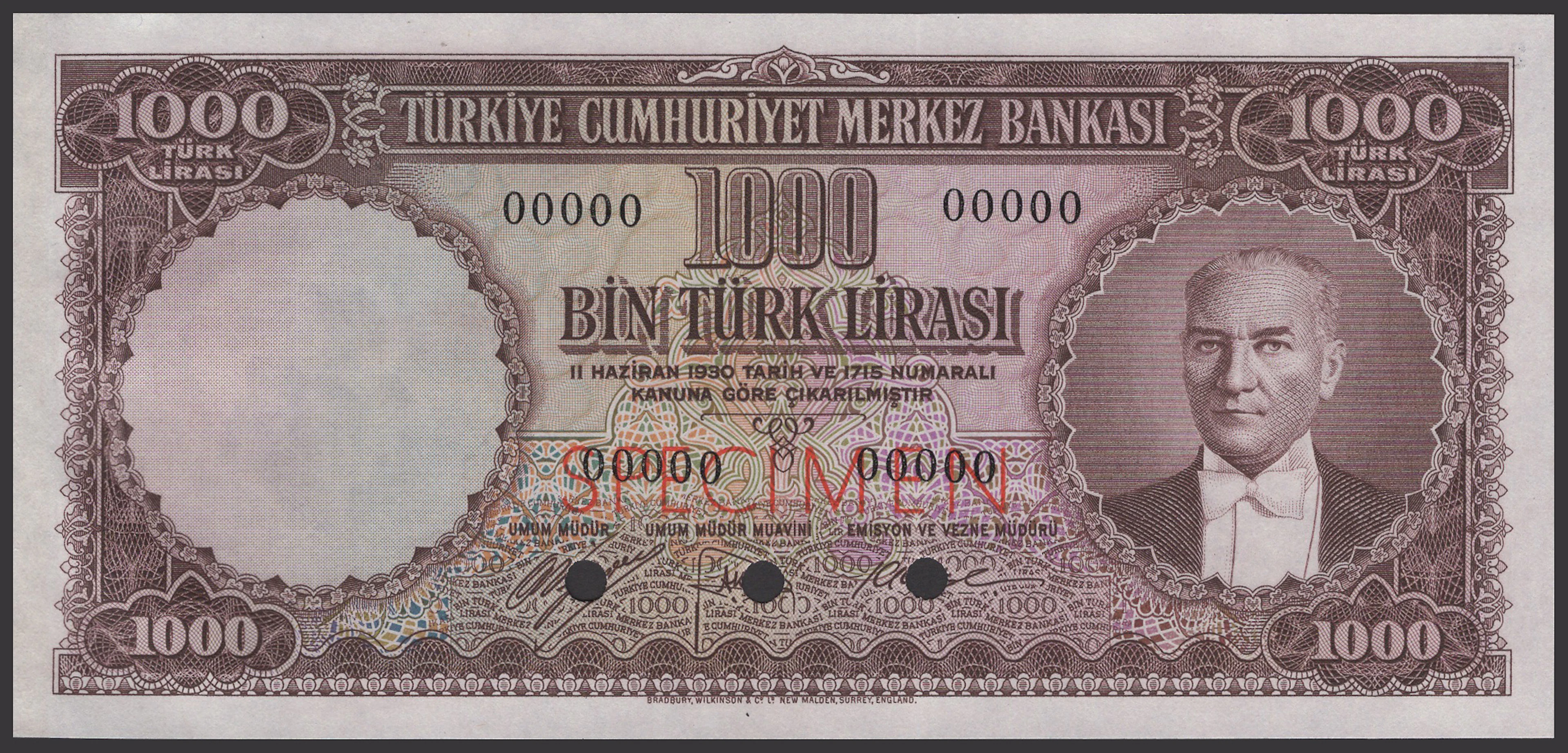 Central Bank of Turkey, colour trial 1000 Turk Lirasi, 1930 (1953)