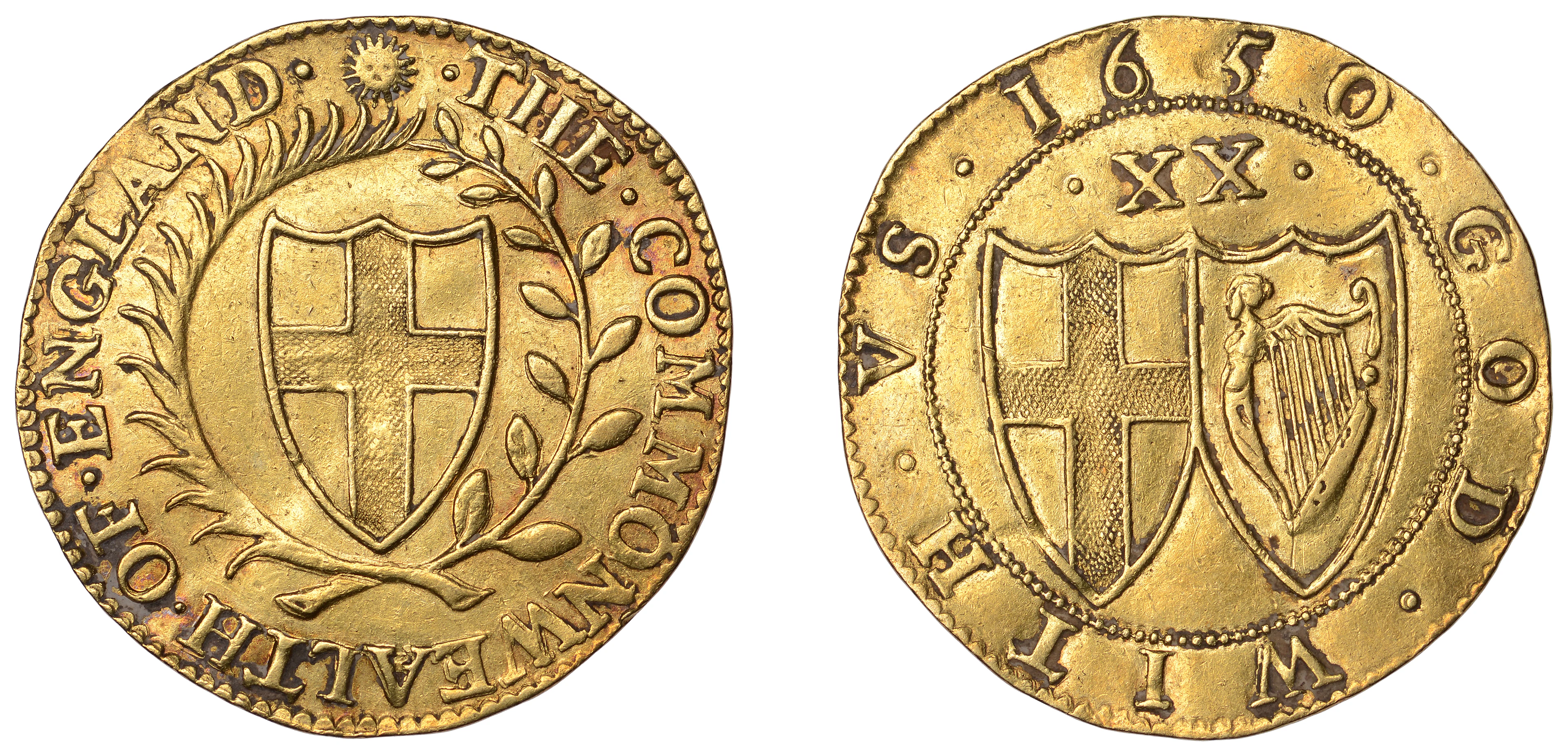COMMONWEALTH: Unite, 1650, mm. sun Obverse: the . commonwealth . of