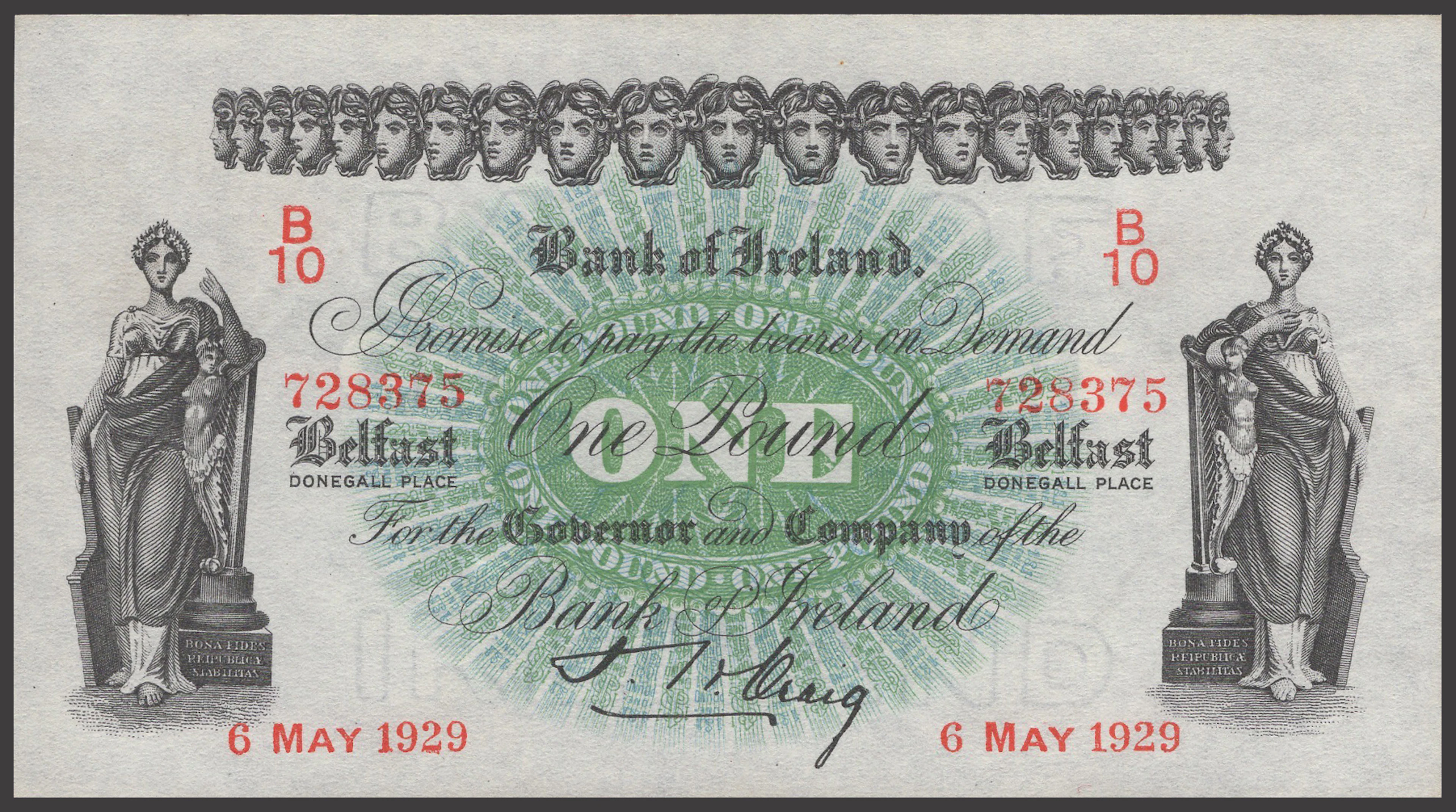 Bank of Ireland, £1, 6 May 1929, serial number B/10 728375, Craig