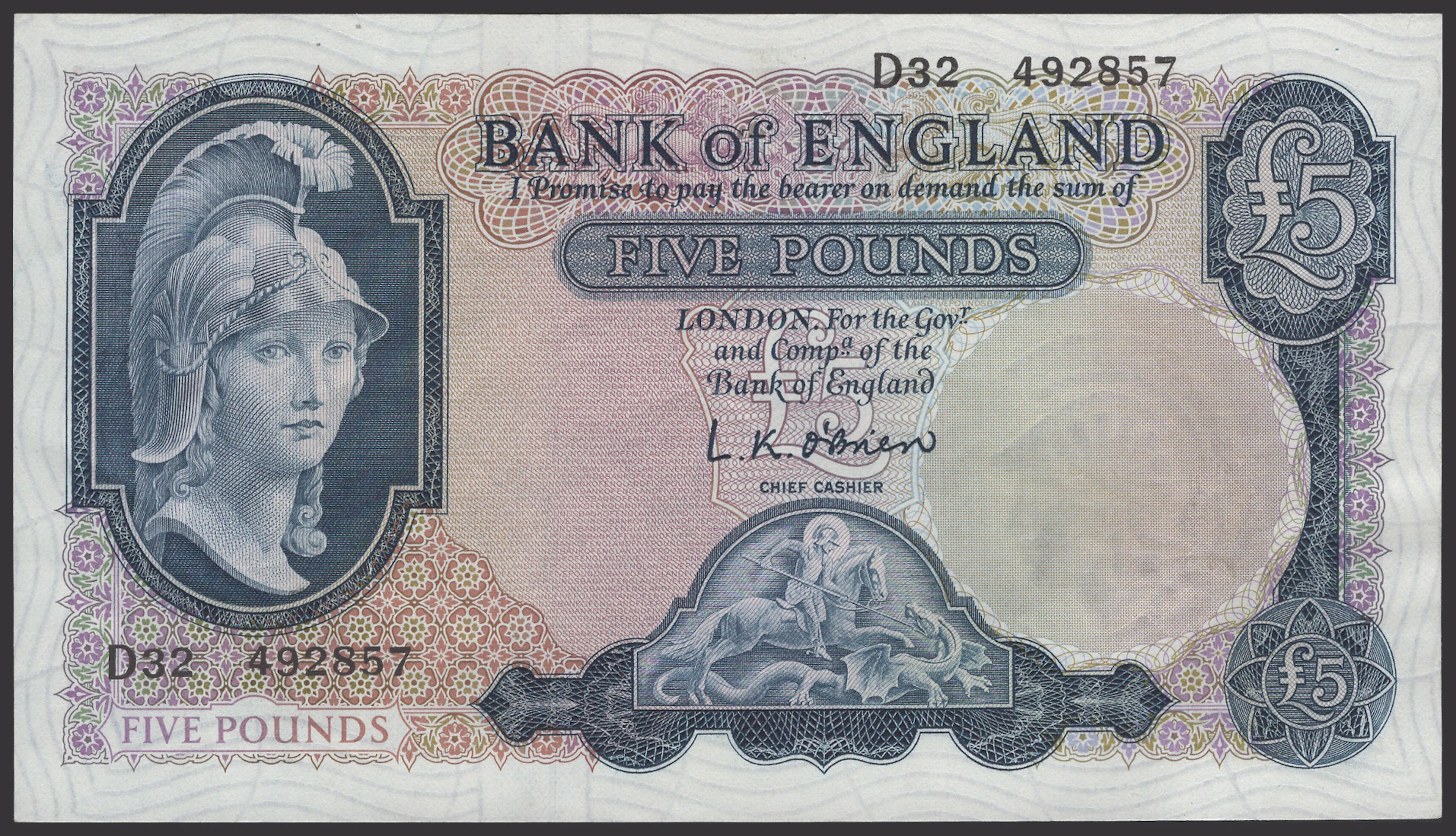 Bank of England, Leslie K. O’Brien, a group comprising £5, 1957, prefix