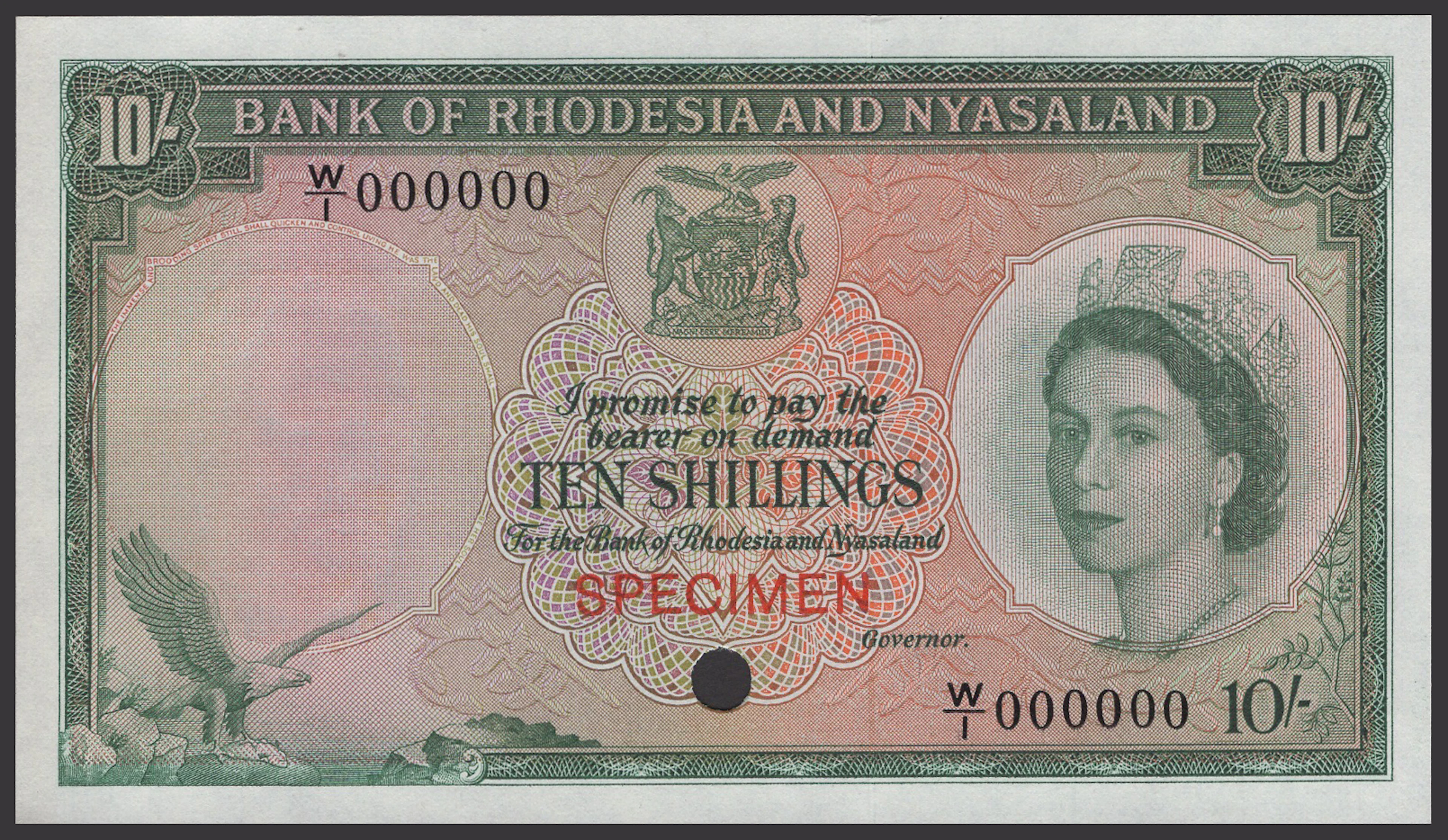 Bank of Rhodesia and Nyasaland, colour trial 10 Shillings, ND (1956-62)