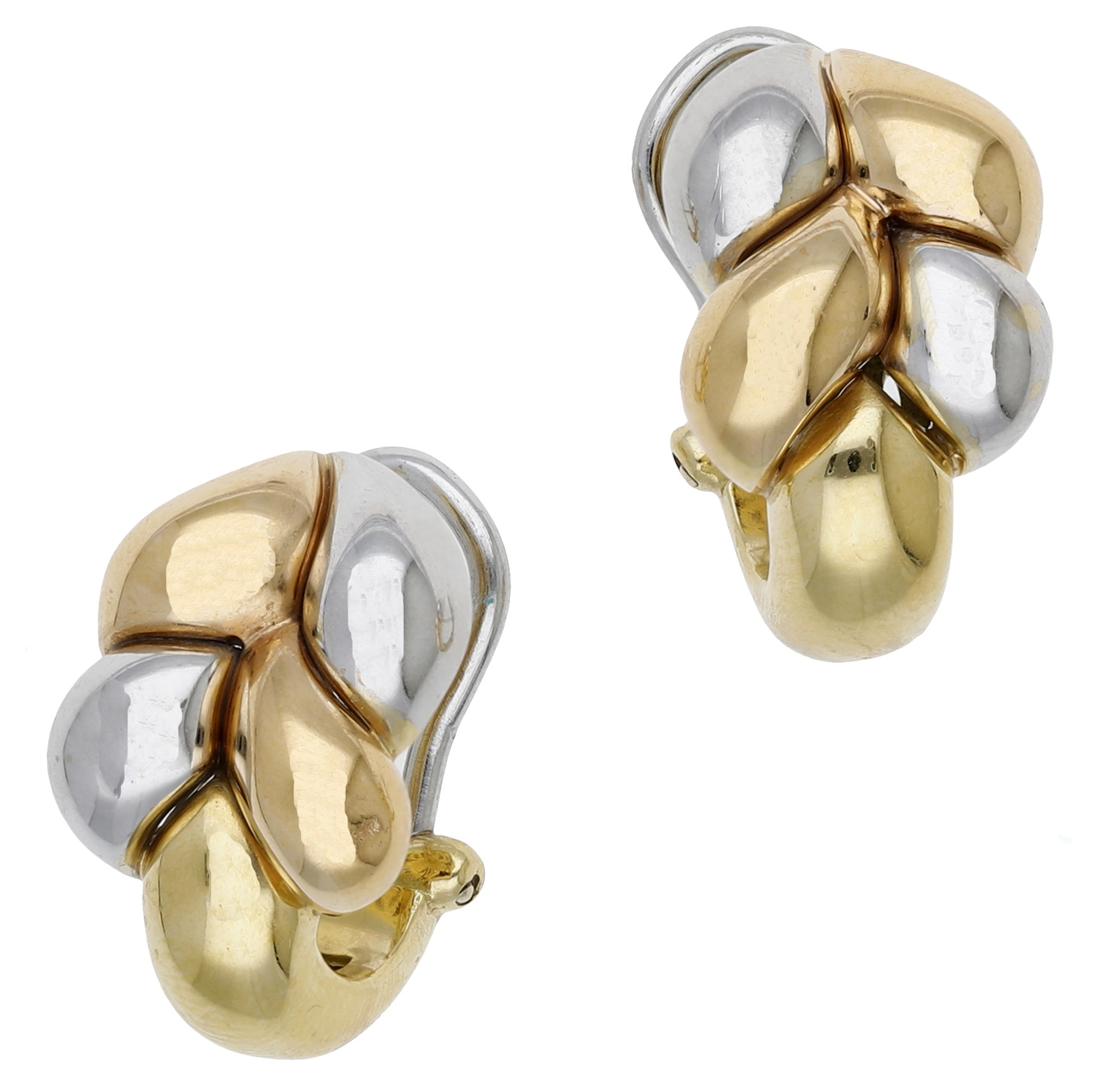 A pair of 18ct gold earrings, the tricolour hoops with braided design
