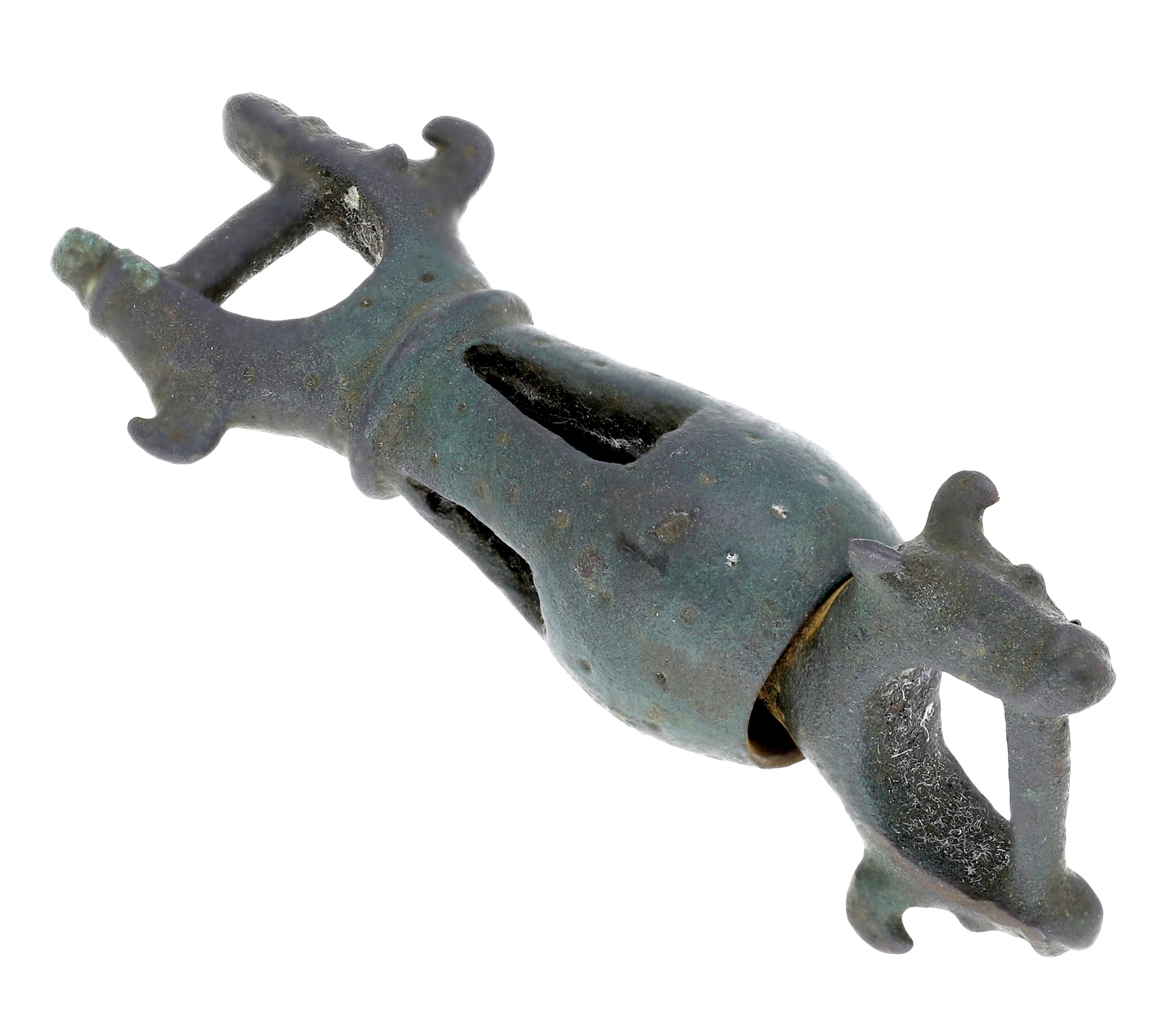 Medieval, 11-12th century, bronze two piece swivel fitting, four zoomorphic
