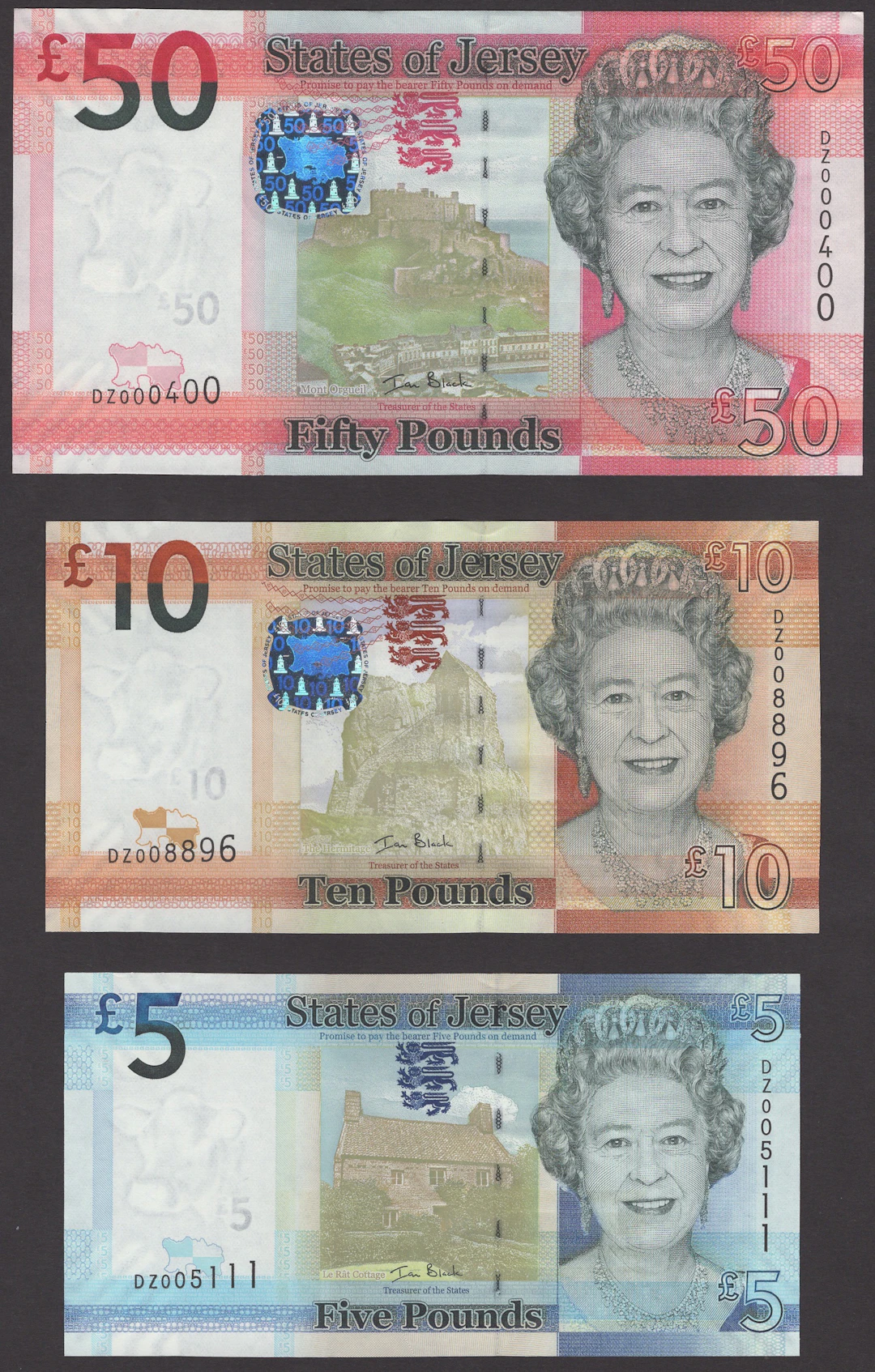 States of Jersey, replacement £1, £5 (6), £10 and £50, ND (2010)