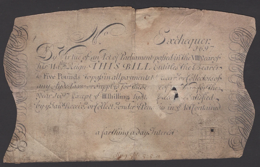 Exchequer Bill, £5, with interest at a farthing per day, 1697, probably