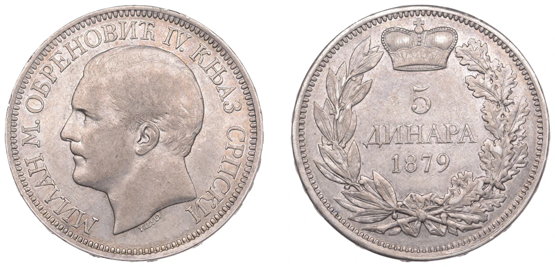 Serbia, Milan Obrenović IV, 5 Dinars, 1879 (KM 12). Toned, better