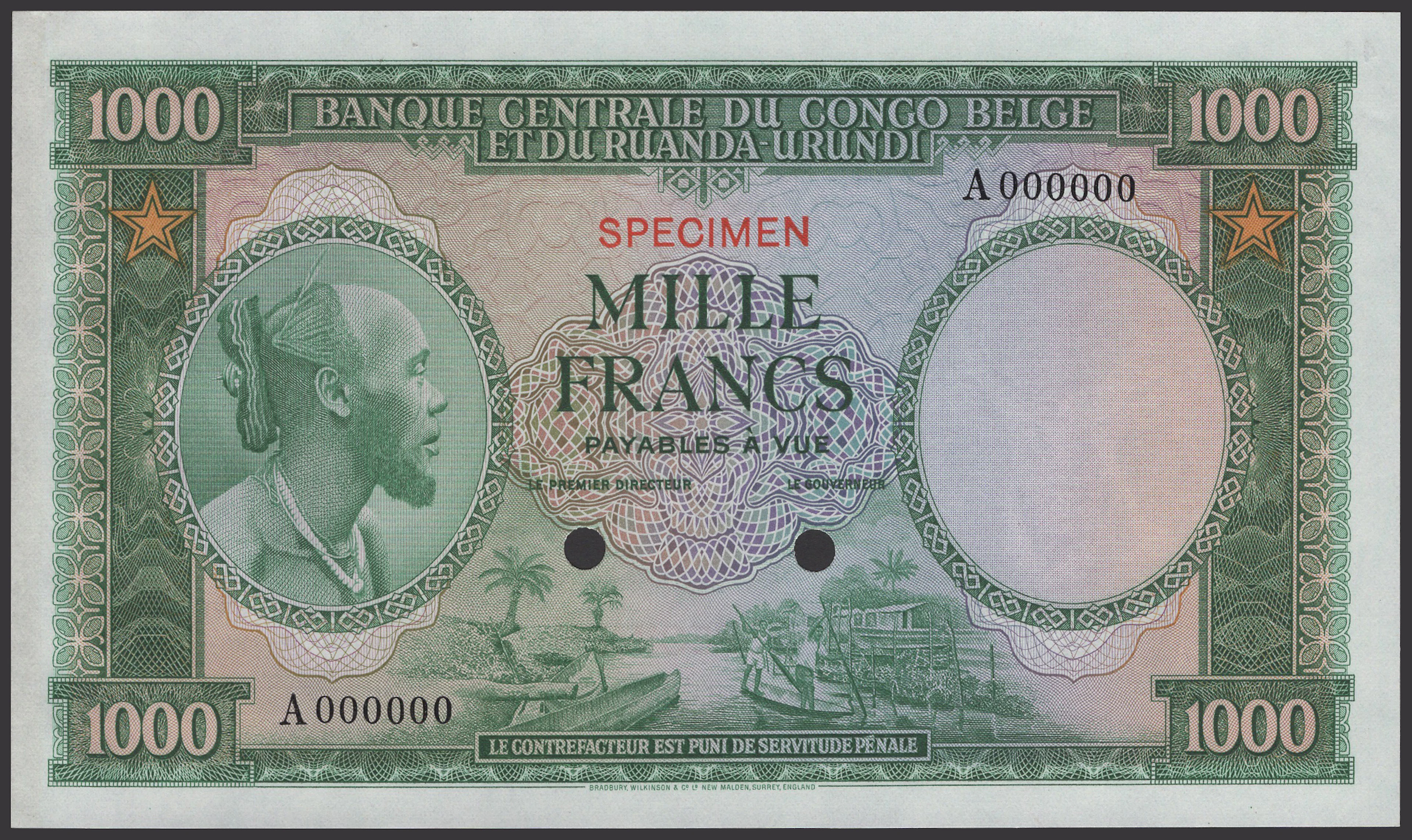 Banque Centrale du Congo Belge et du Ruanda-Urundi, colour trial 1000