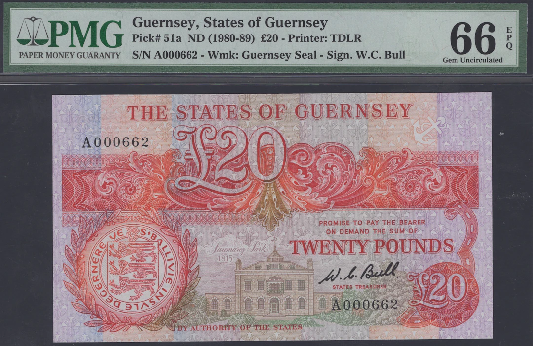 States of Guernsey, £20, ND (1980-89), serial number A000662, Bull