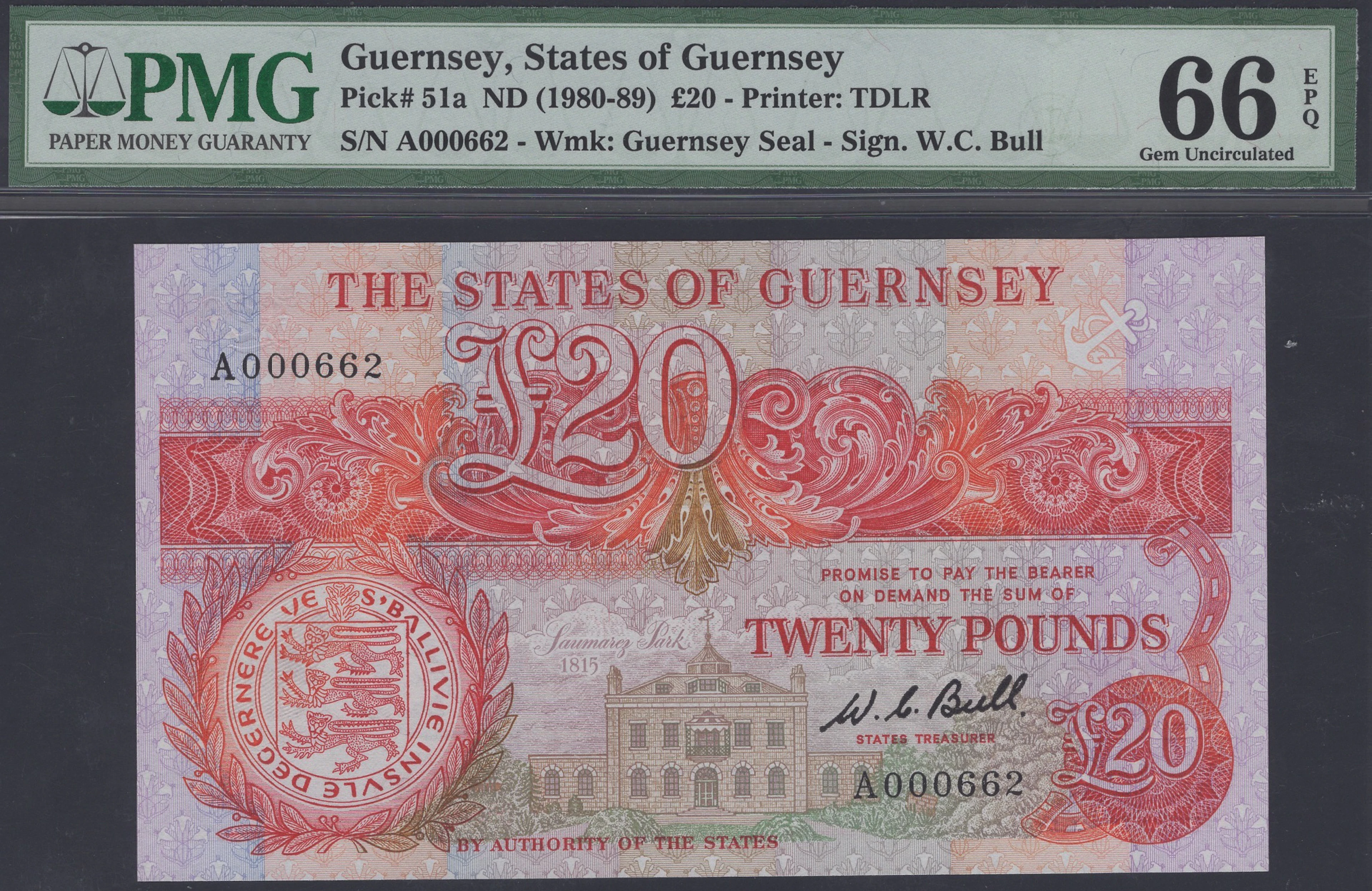 States of Guernsey, £20, ND (1980-89), serial number A000662, Bull