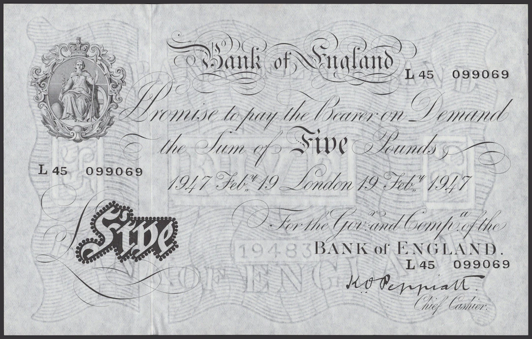 Bank of England, Kenneth O. Peppiatt, £5, 19 February 1947, serial