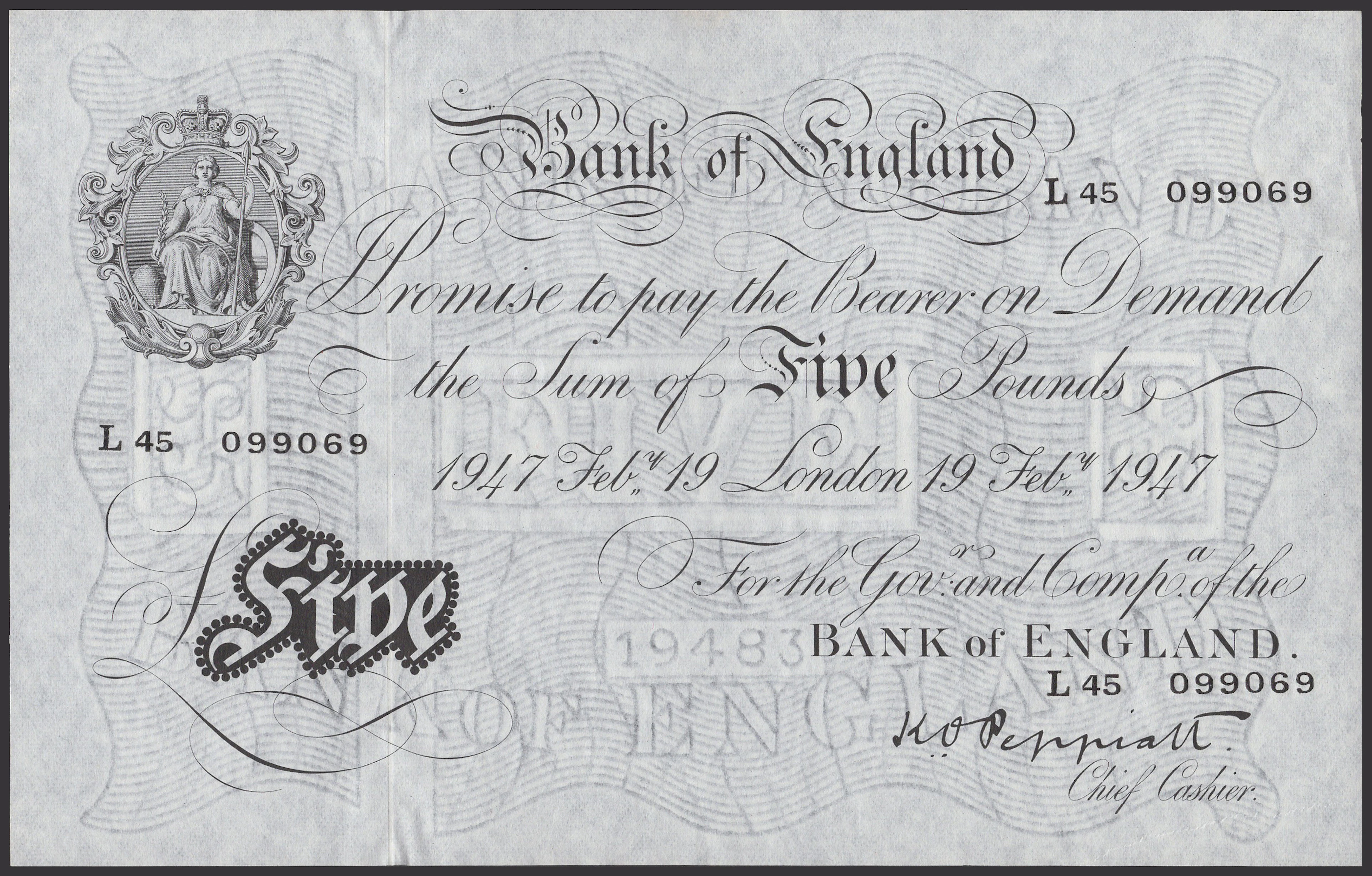 Bank of England, Kenneth O. Peppiatt, £5, 19 February 1947, serial