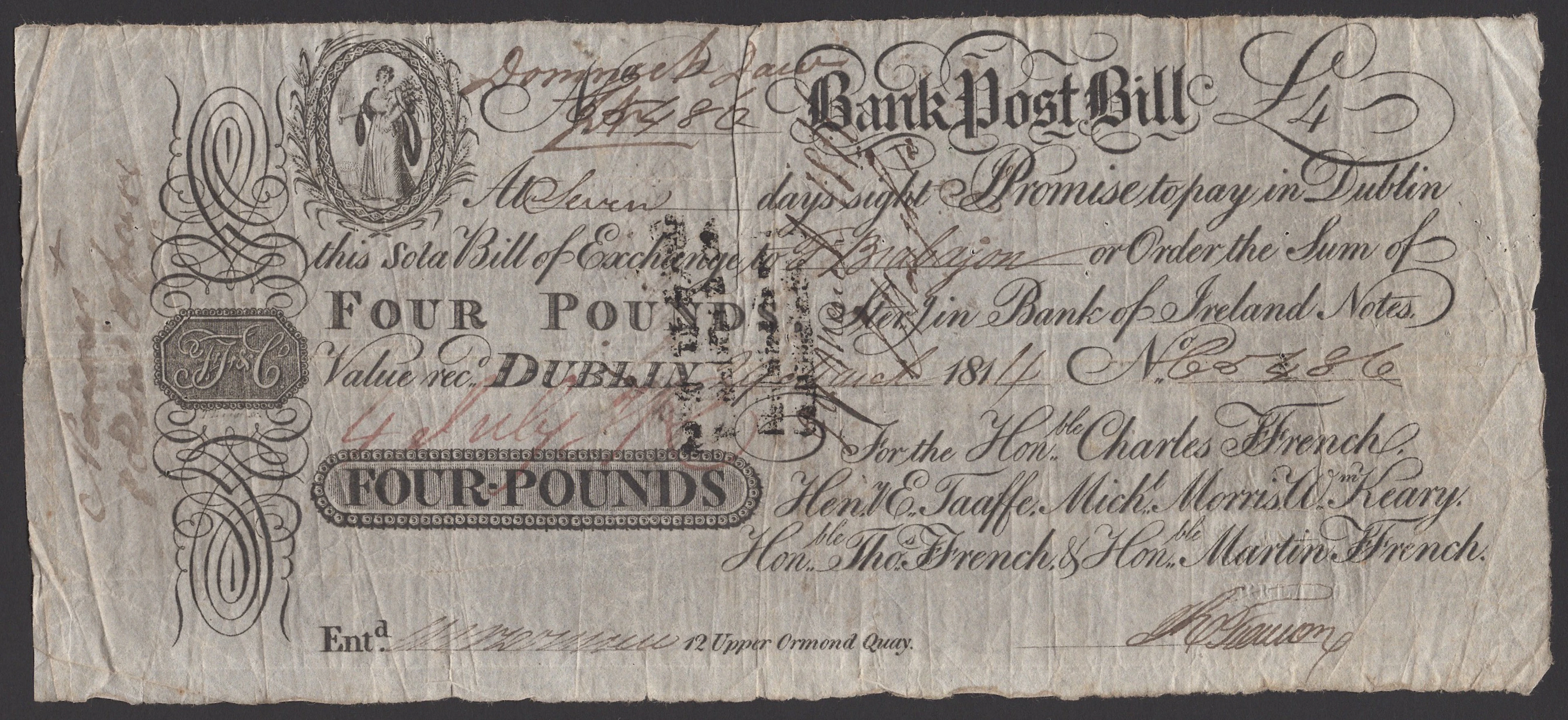 Ffrench’s Bank, Dublin, for Hon Charles Ffrench, Heny E. Taaffe, Michl