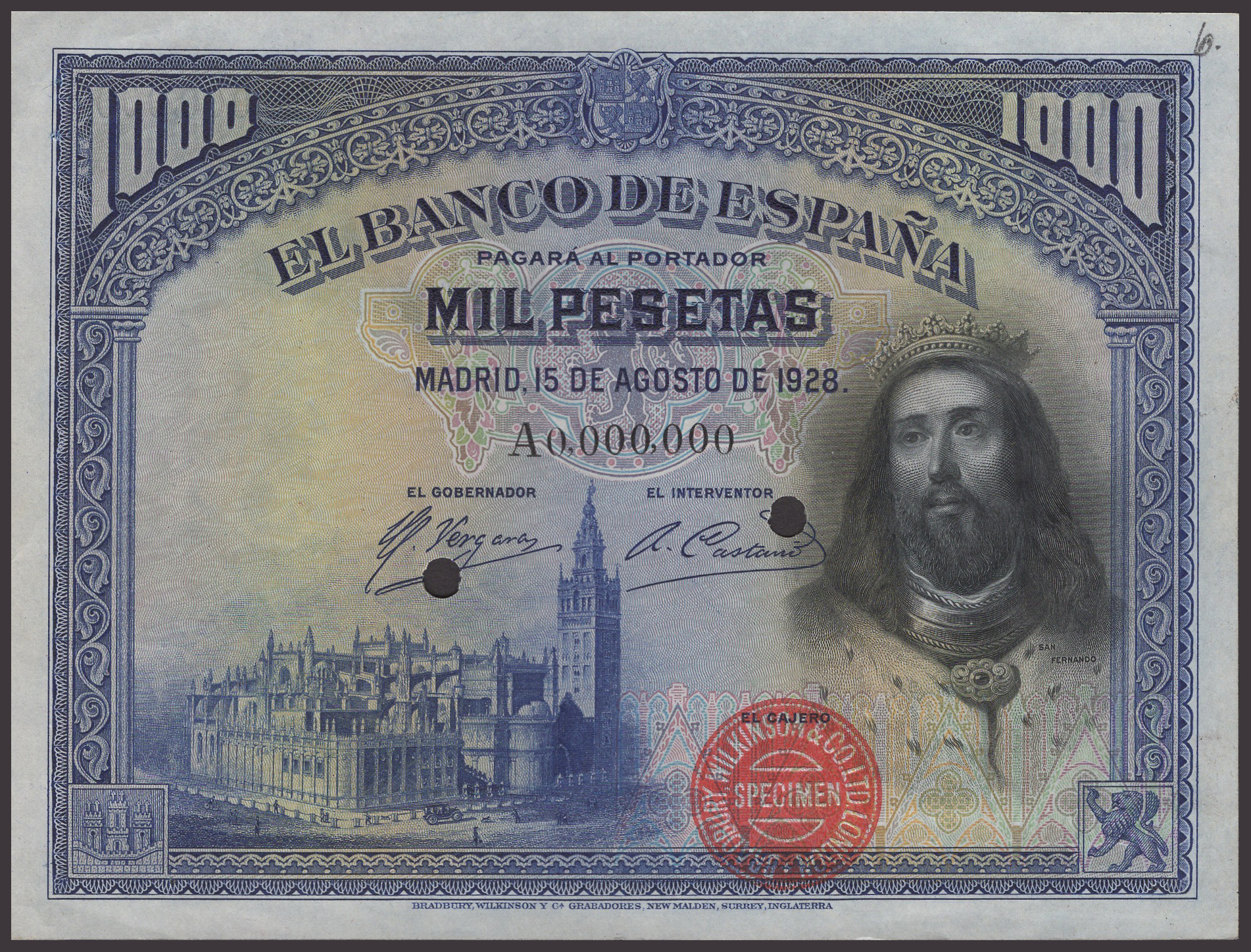Banco de Espana, specimen 1000 Pesetas, 15 August 1928, serial number