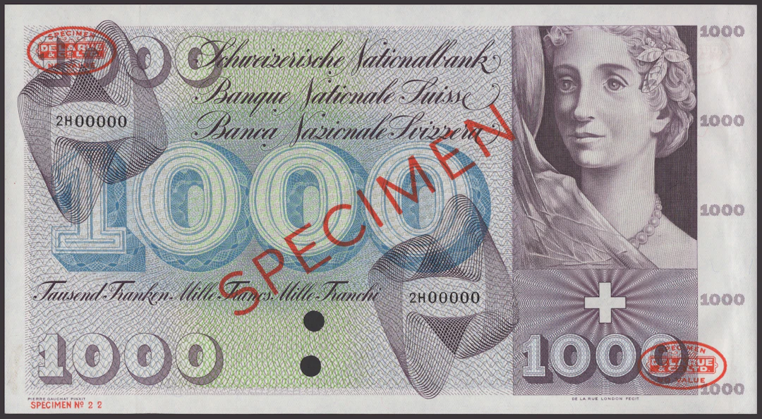Schweizerische Nationalbank, specimen 1000 Franken, ND (1960), serial