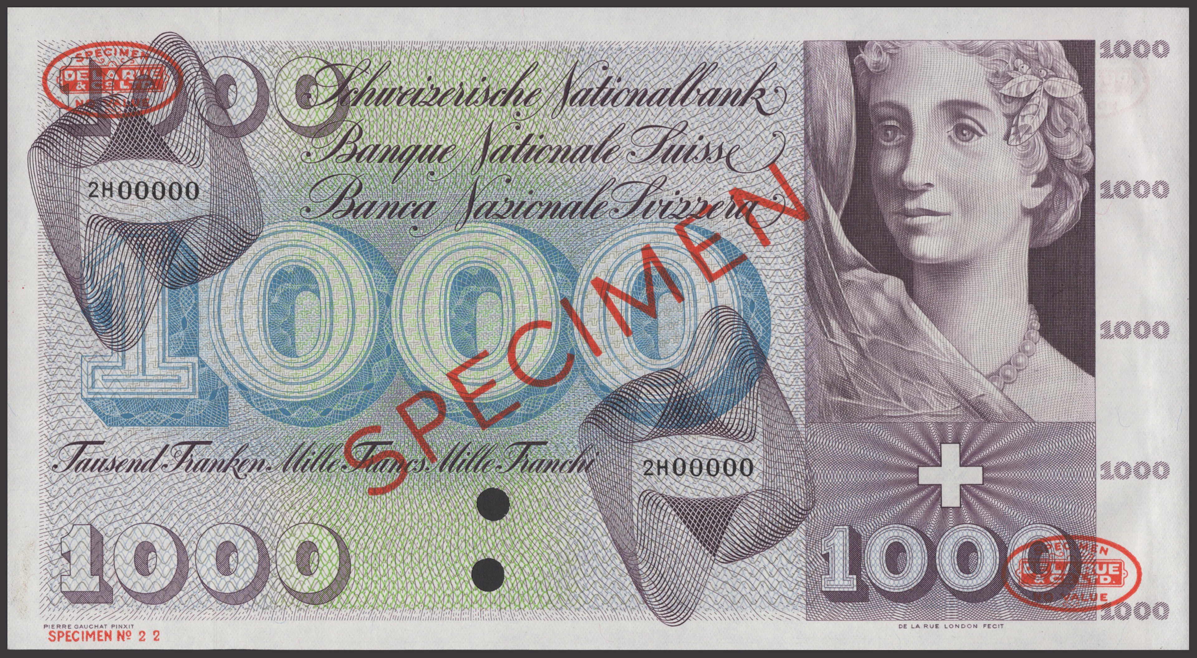 Schweizerische Nationalbank, specimen 1000 Franken, ND (1960), serial