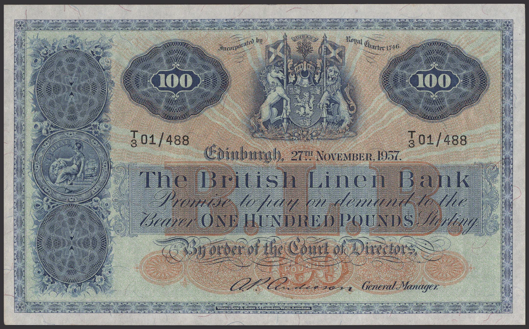 British Linen Bank, £100, 27 November 1957, serial number T/3 01/488