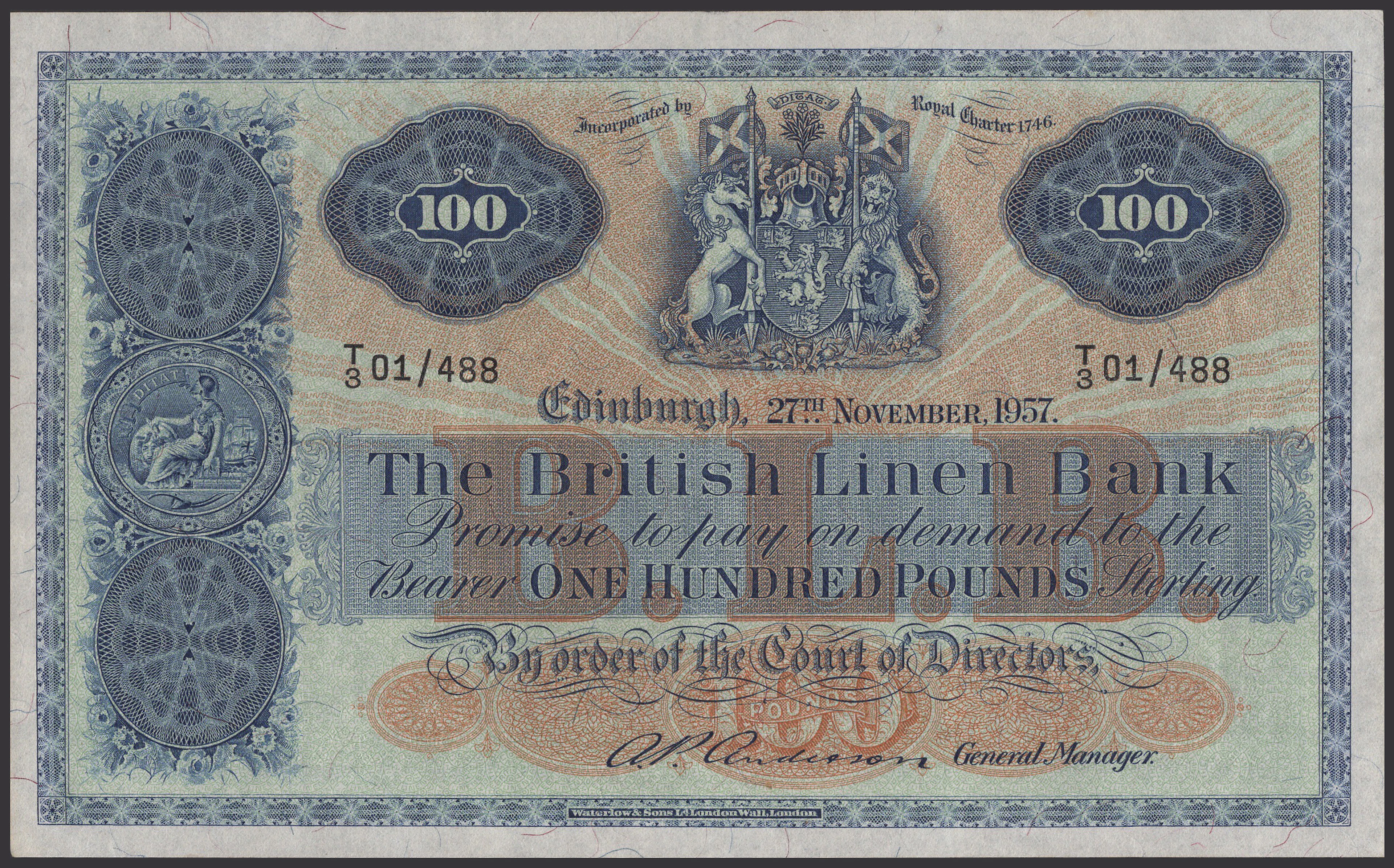 British Linen Bank, £100, 27 November 1957, serial number T/3 01/488