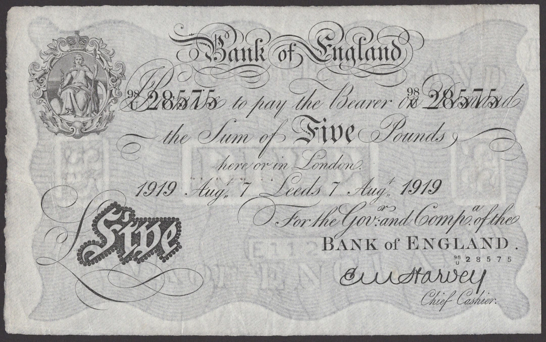 Bank of England, Ernest M. Harvey, £5, Leeds, 7 August 1919, serial