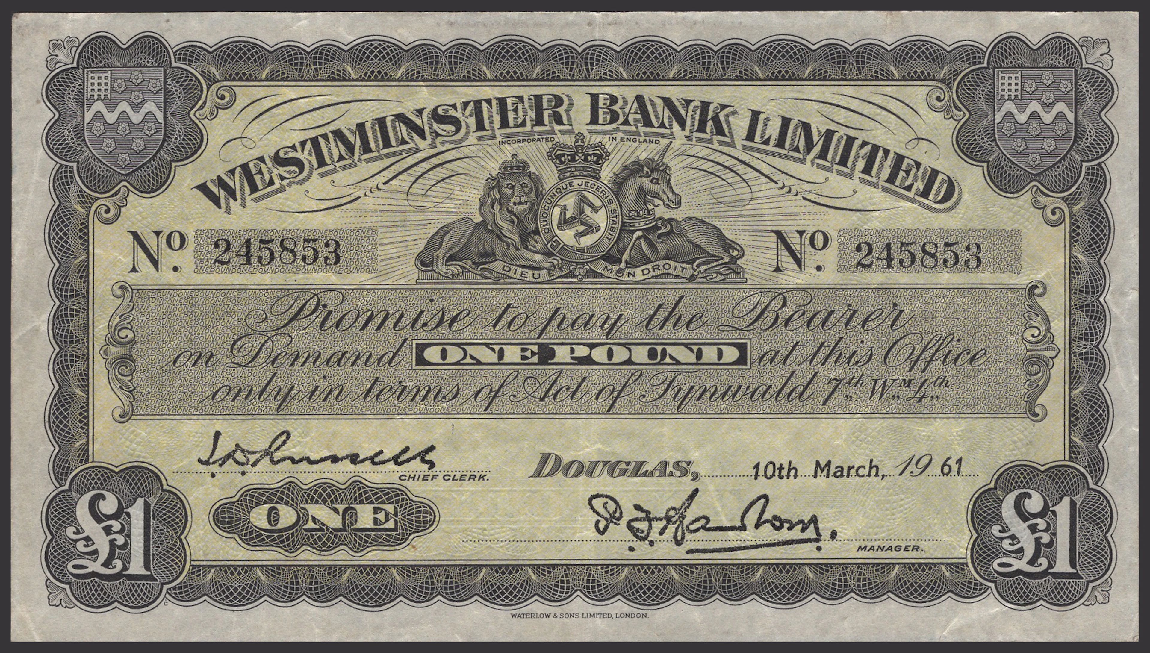 Westminster Bank Limited, £1, 10 March 1961, serial number 245853
