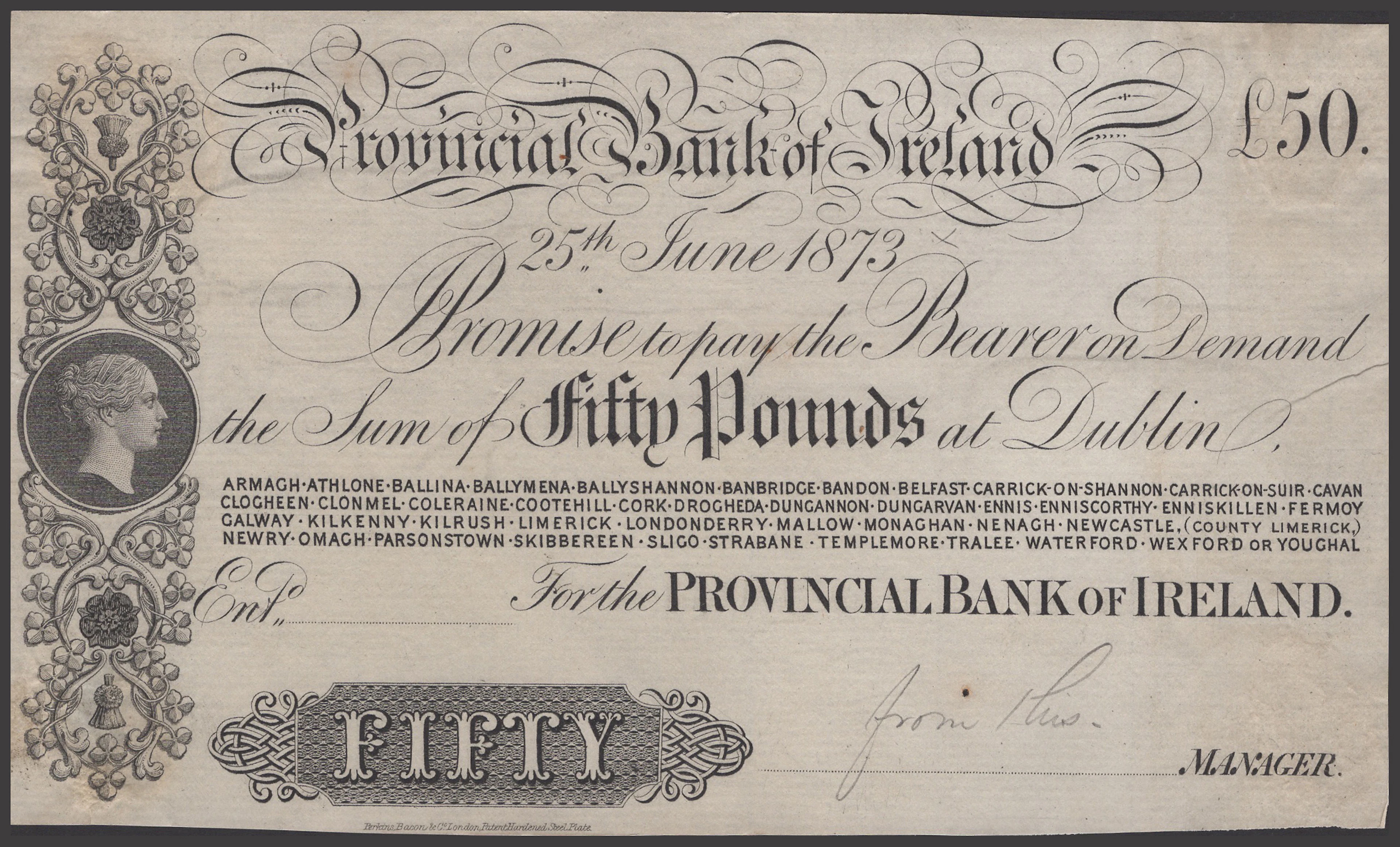 Provincial Bank of Ireland, proof £50 on paper, 25 June 1873, no serial