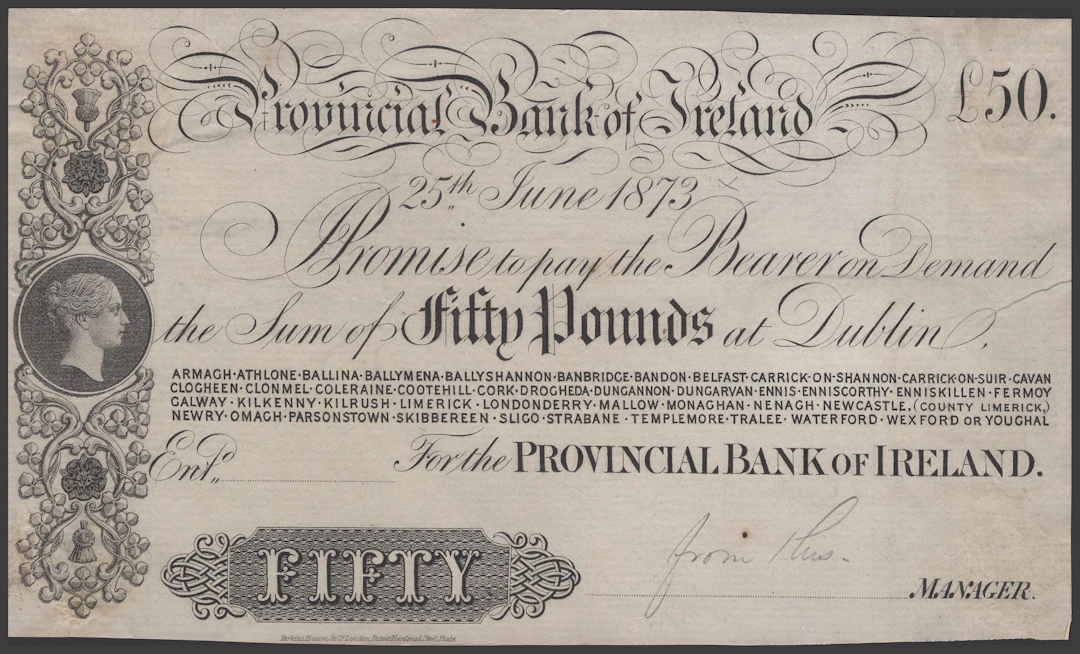 Provincial Bank of Ireland, proof £50 on paper, 25 June 1873, no serial