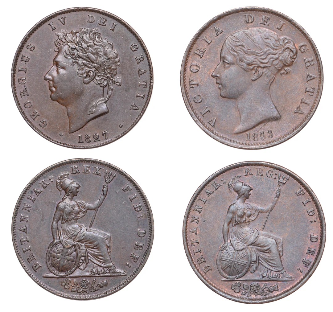 George IV, Halfpenny, 1827 (BMC 1438; S 3824); Victoria, Halfpenny