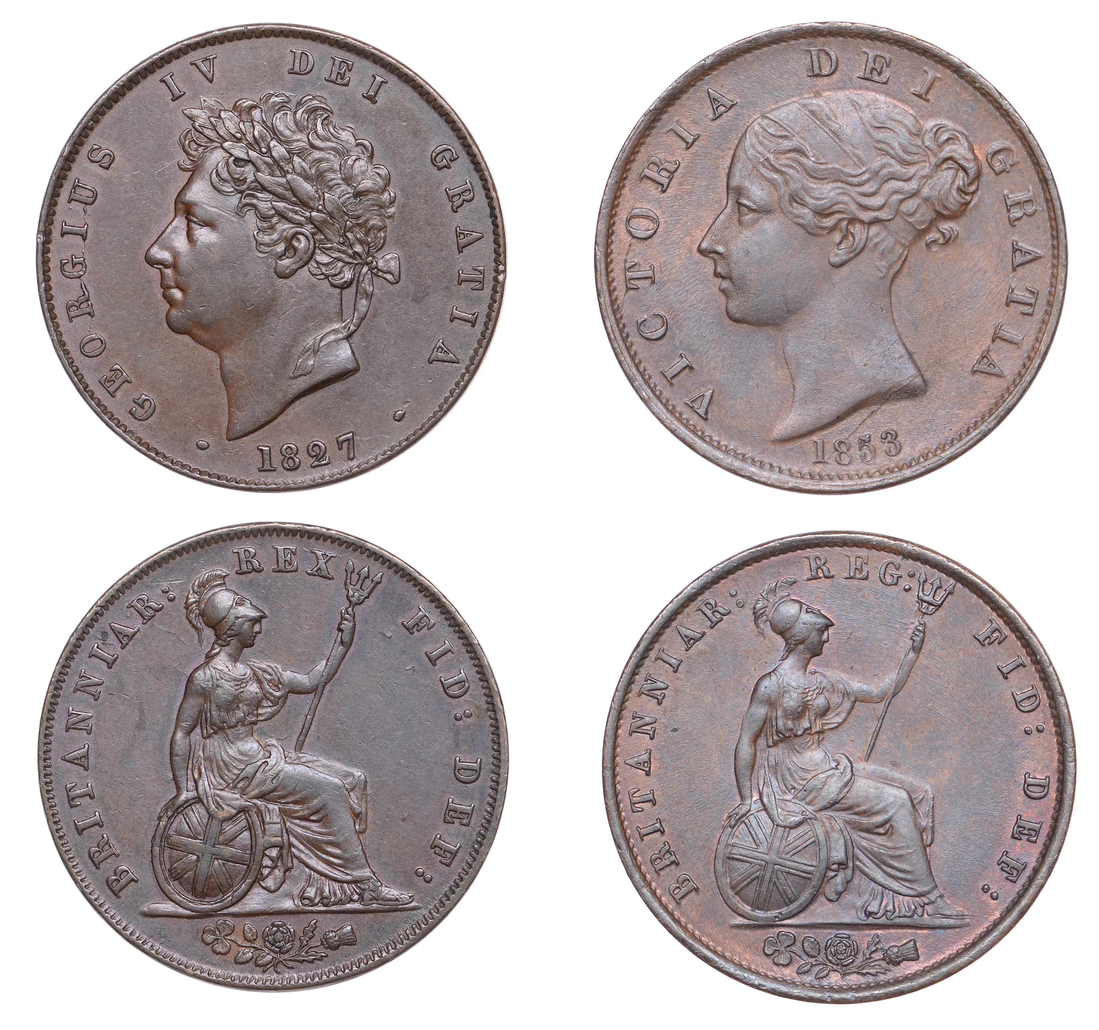George IV, Halfpenny, 1827 (BMC 1438; S 3824); Victoria, Halfpenny