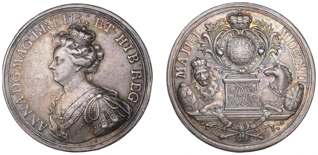 Union of England and Scotland, 1707, a copper medal by J. Croker