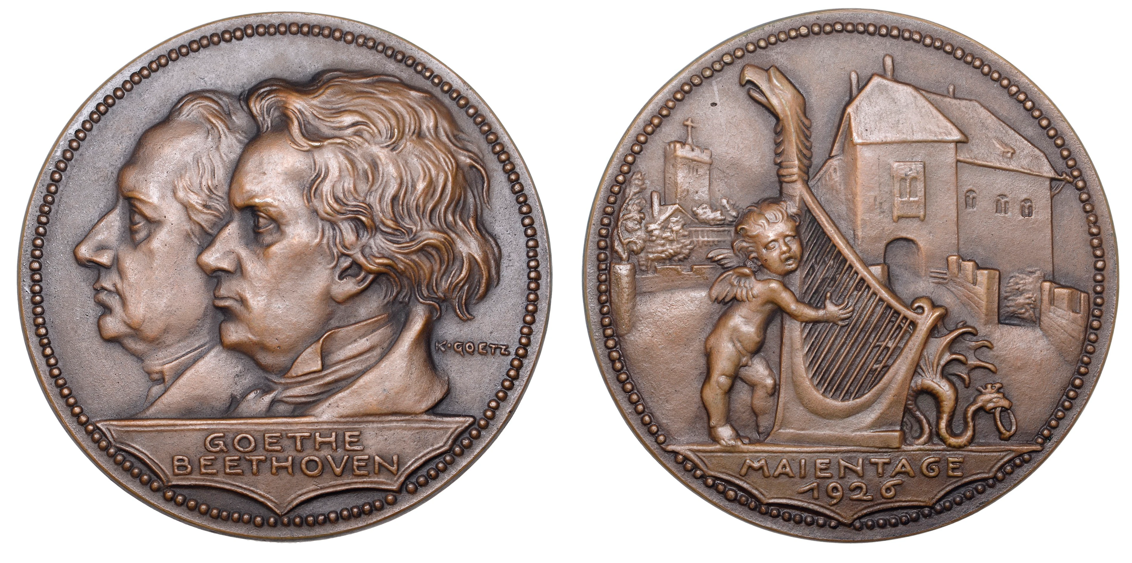 Germany, Goethe and Beethoven, 1926, a bronze medal by K. Goetz, conjoined