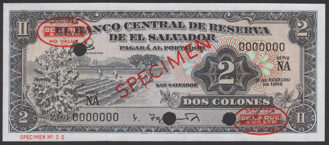 El Banco Central de Reserva de el Salvador, specimen 2 Colones, 15