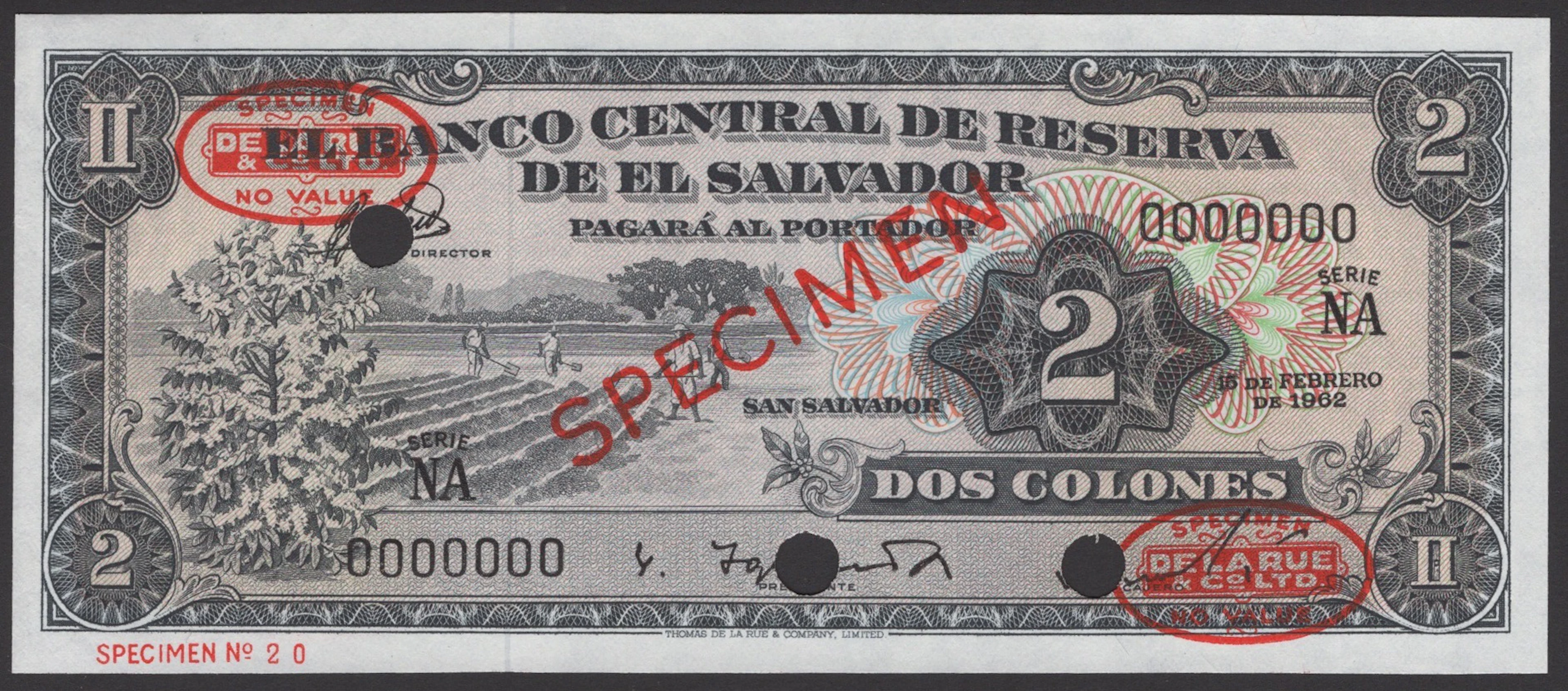 El Banco Central de Reserva de el Salvador, specimen 2 Colones, 15