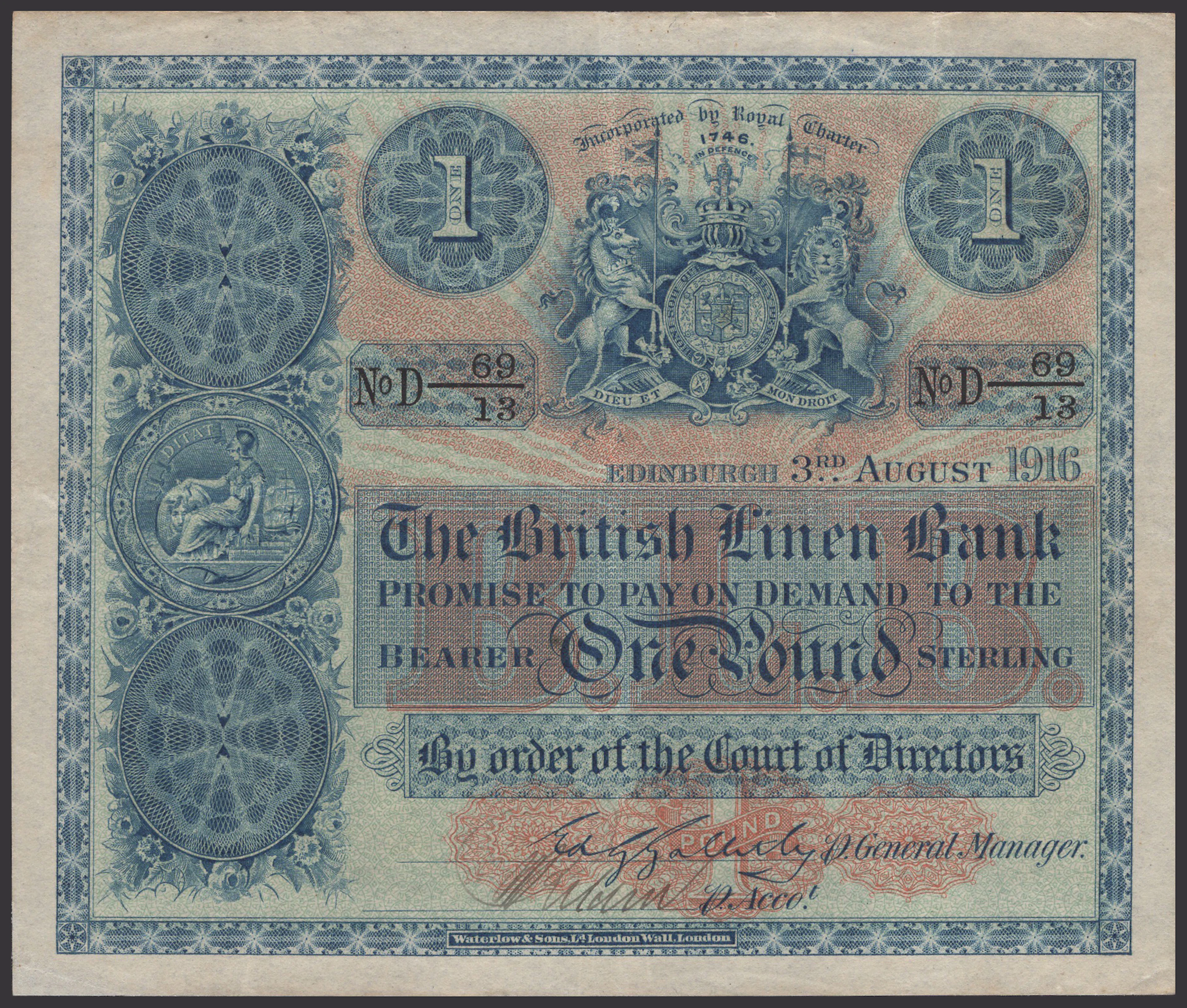 British Linen Bank, £1, 3 August 1916, serial number D 69/13, Galletly
