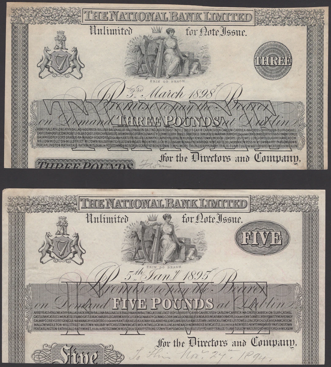 The National Bank, a group of 3/4 proofs comprising £3, 3 March 1898
