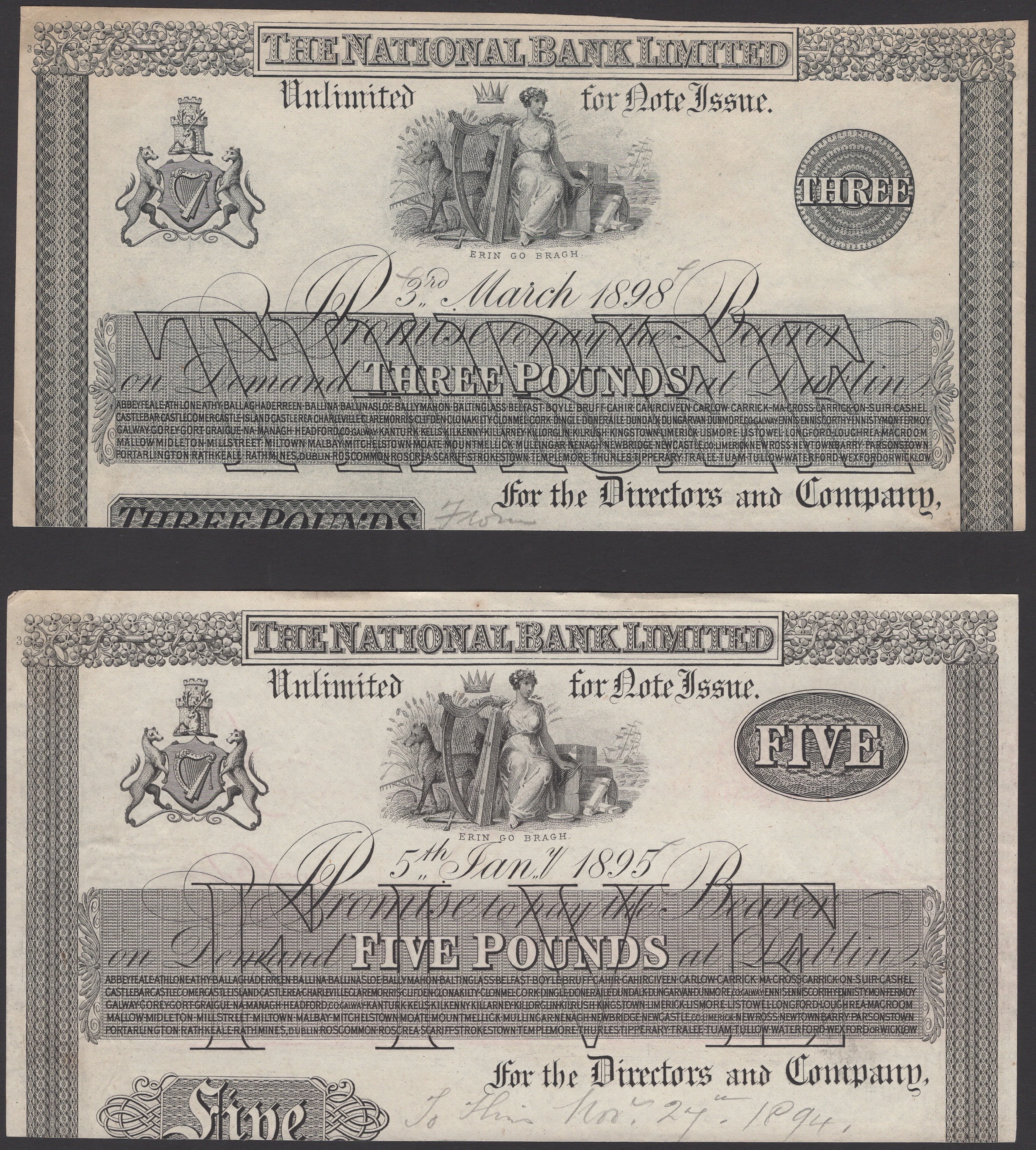 The National Bank, a group of 3/4 proofs comprising £3, 3 March 1898