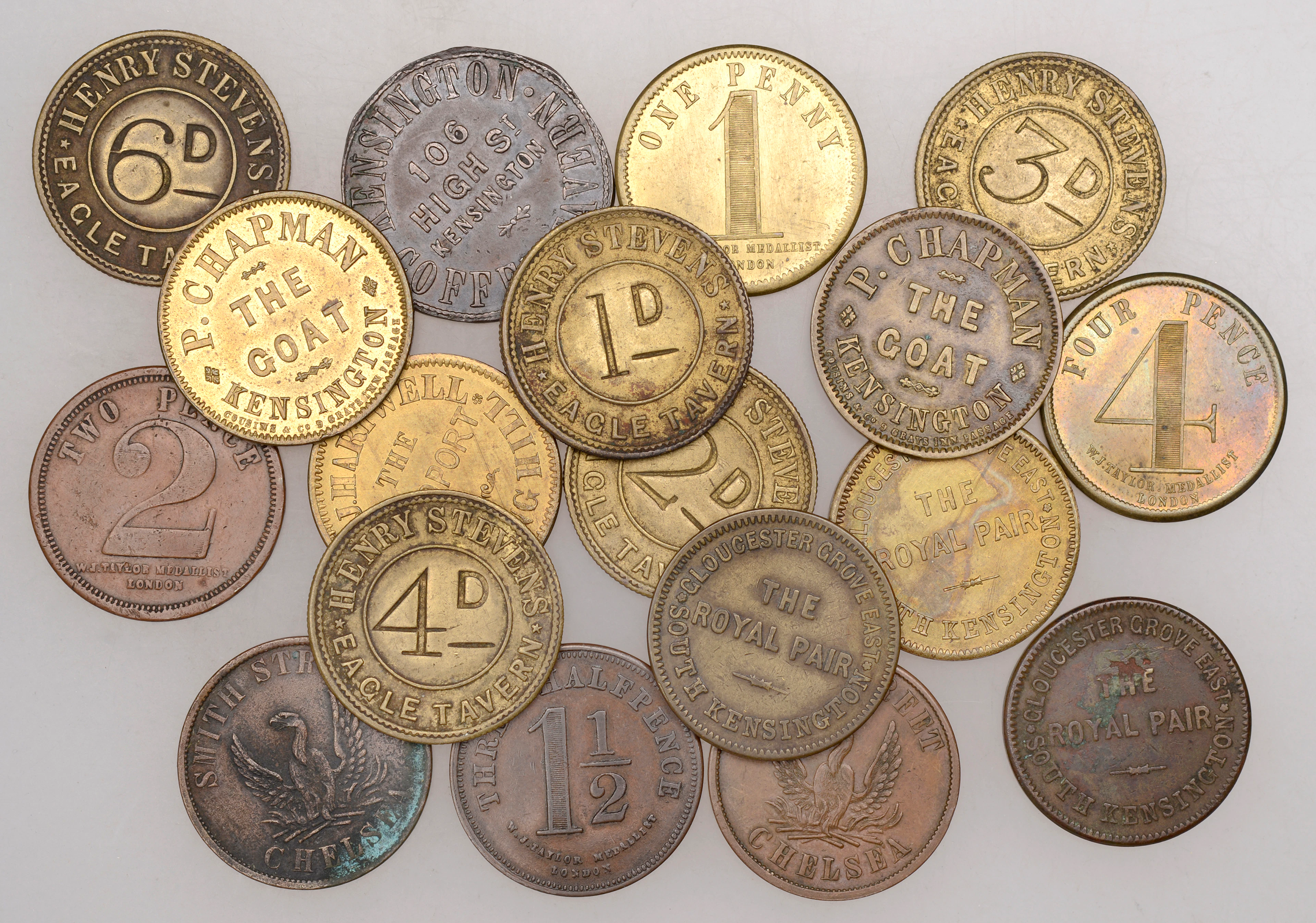 Chelsea, The Phoenix, copper Threehalfpence (2), Twopence and Threepence