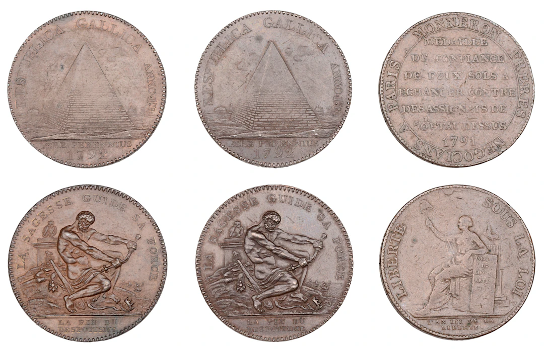 France, Monneron Freres, 2 Sols (2), both 1792, Hercules type, in